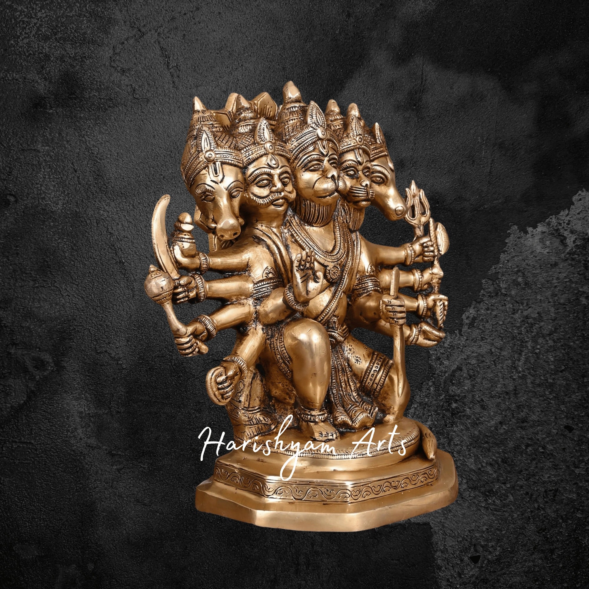 11" Brass Superfine Sitting Panchmukhi Hanuman Idol for Temple and Home Worship