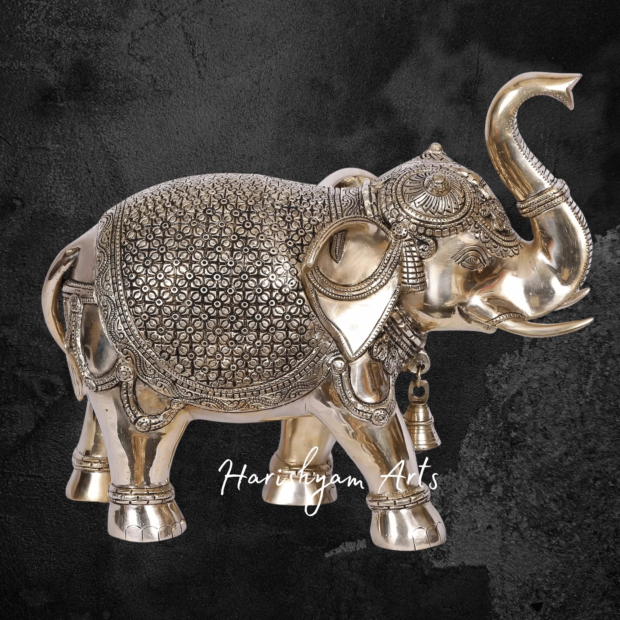 11" Gold Plated Brass Elephant with Raised Trunk and Intricate Detailing