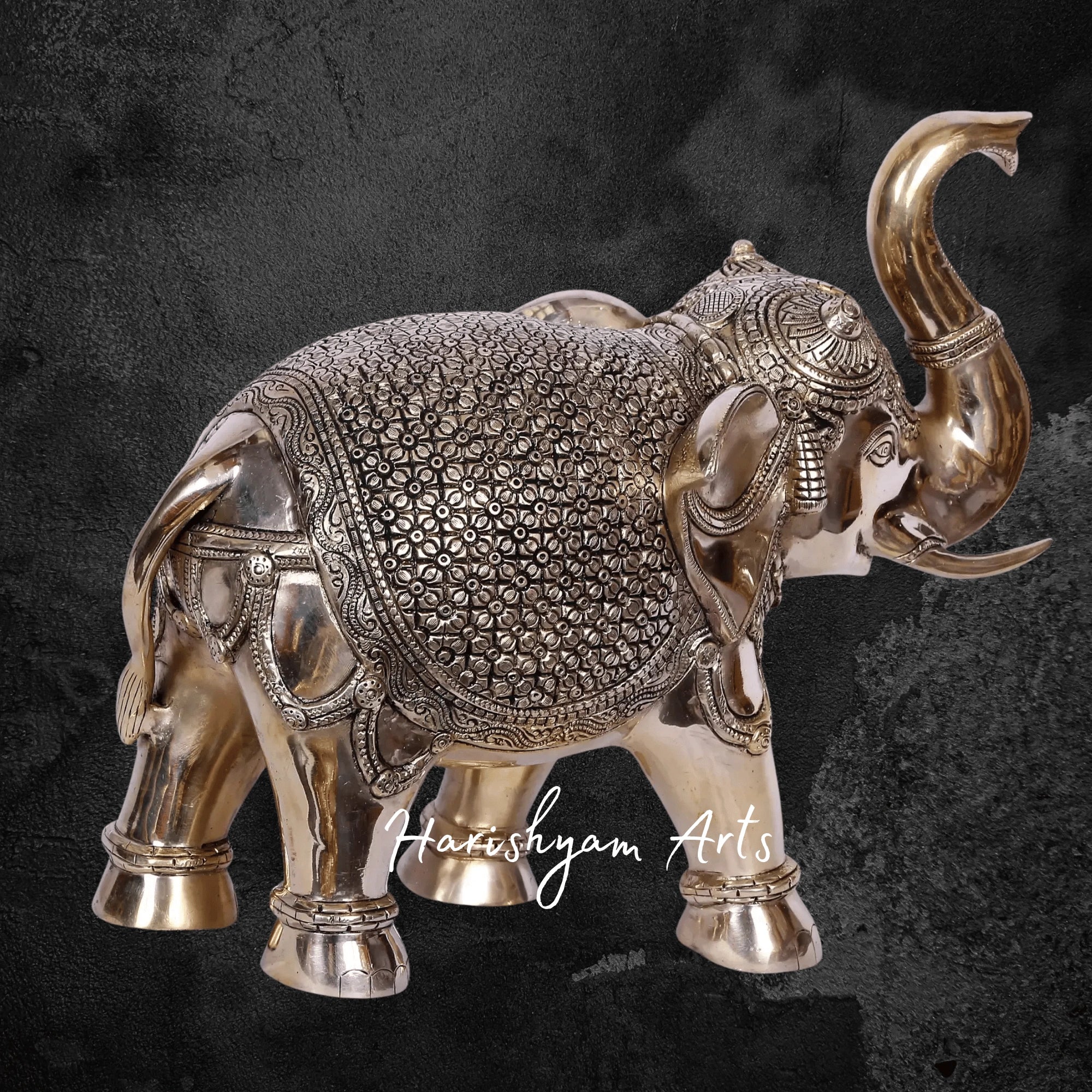11" Gold Plated Brass Elephant with Raised Trunk and Intricate Detailing