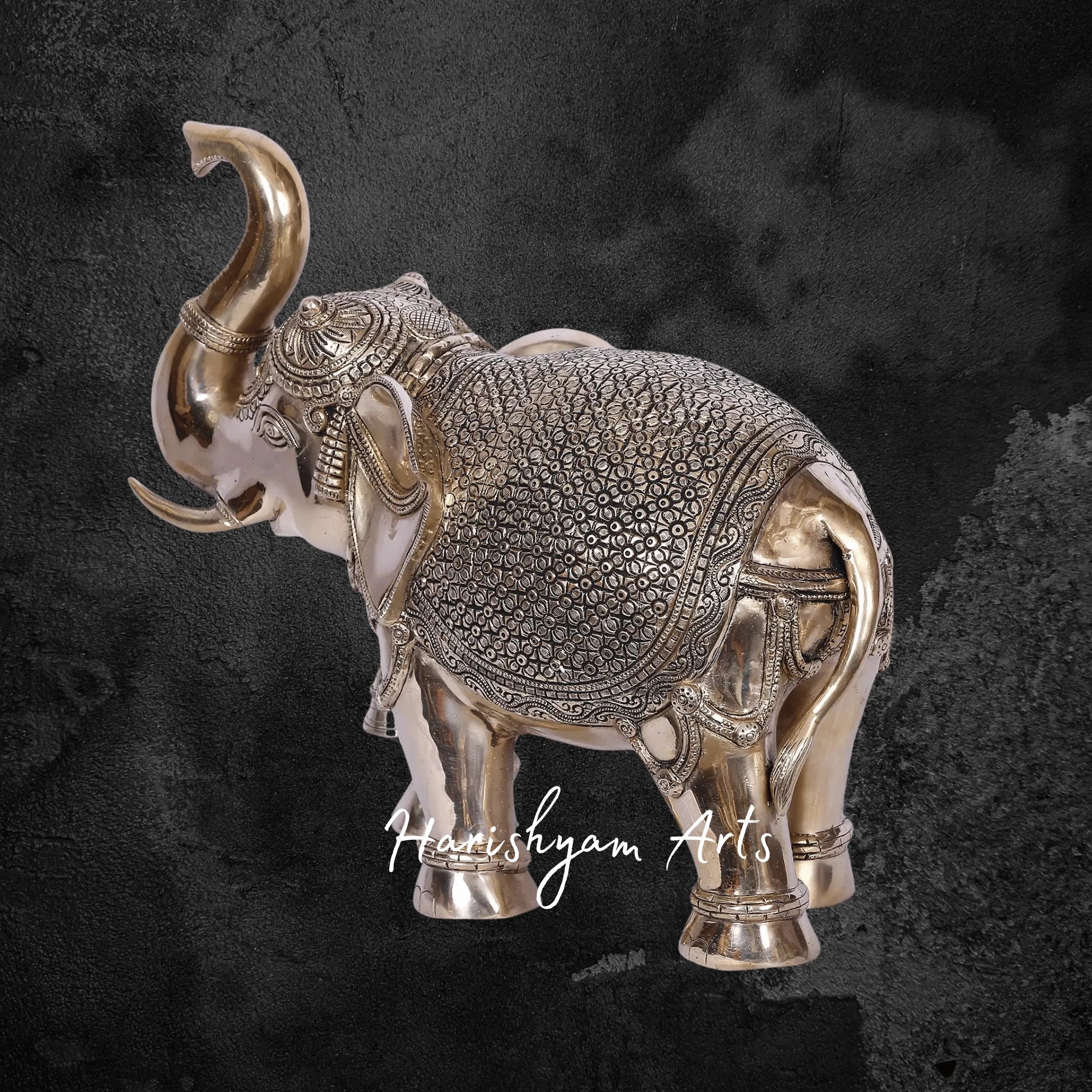 11" Gold Plated Brass Elephant with Raised Trunk and Intricate Detailing
