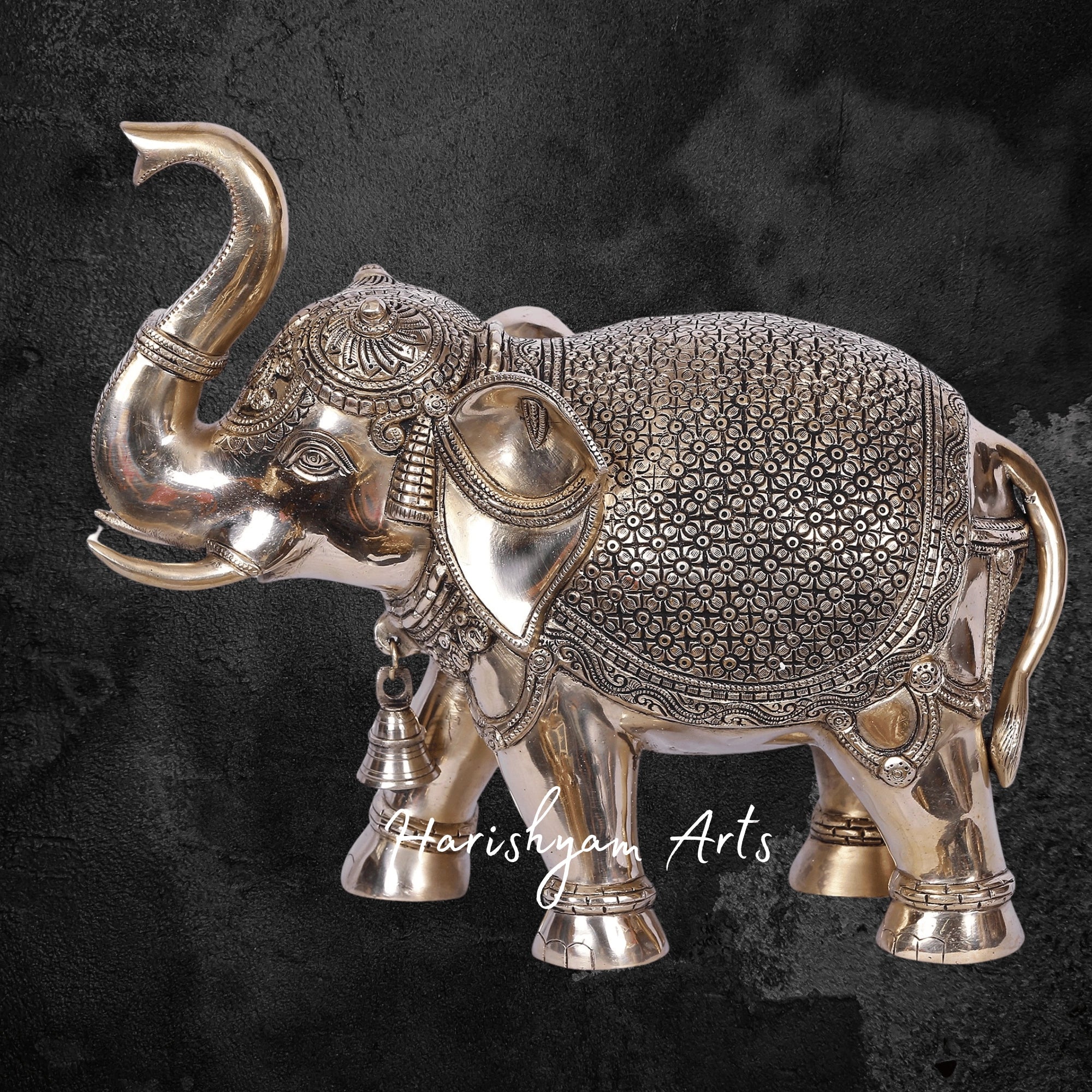 11" Gold Plated Brass Elephant with Raised Trunk and Intricate Detailing