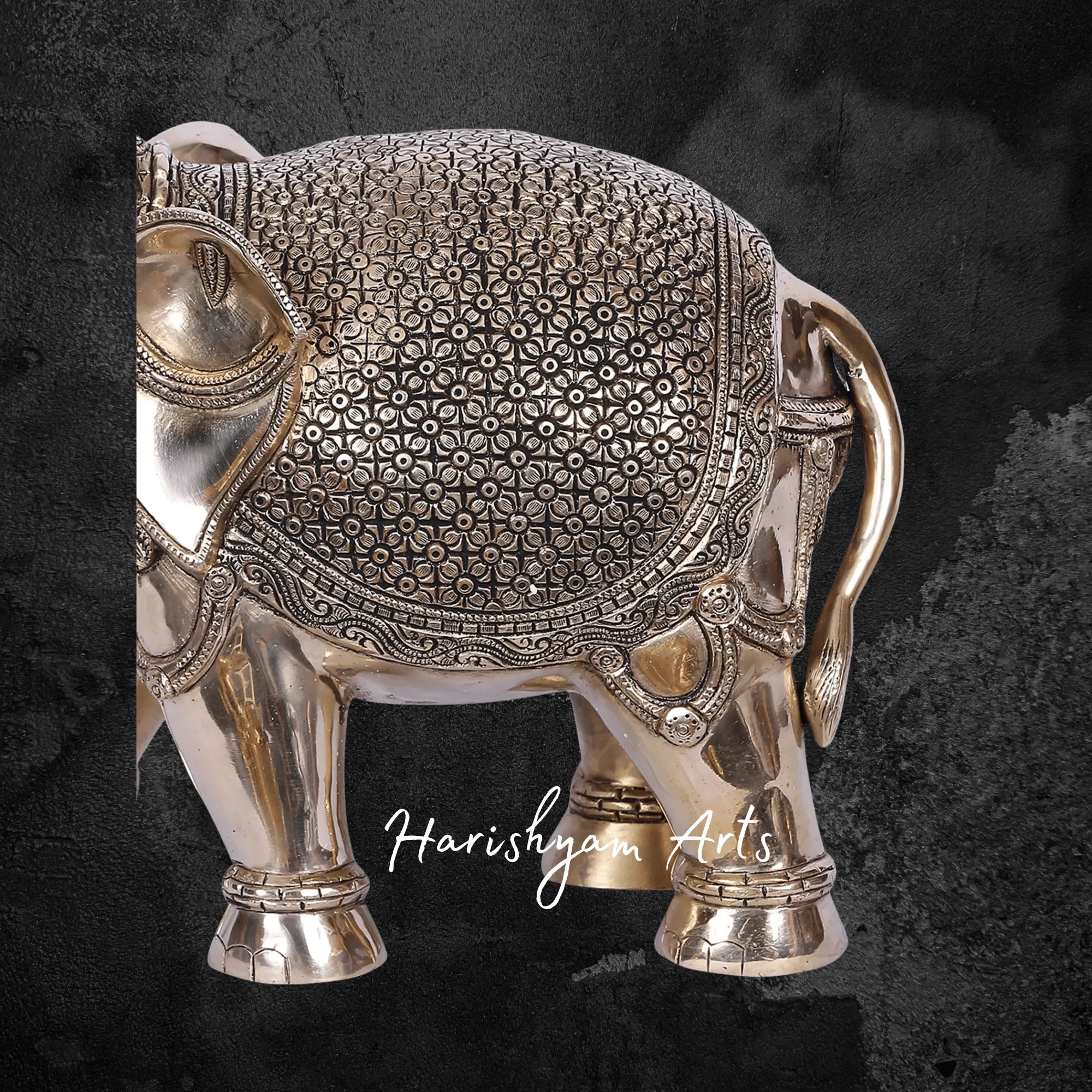 11" Gold Plated Brass Elephant with Raised Trunk and Intricate Detailing