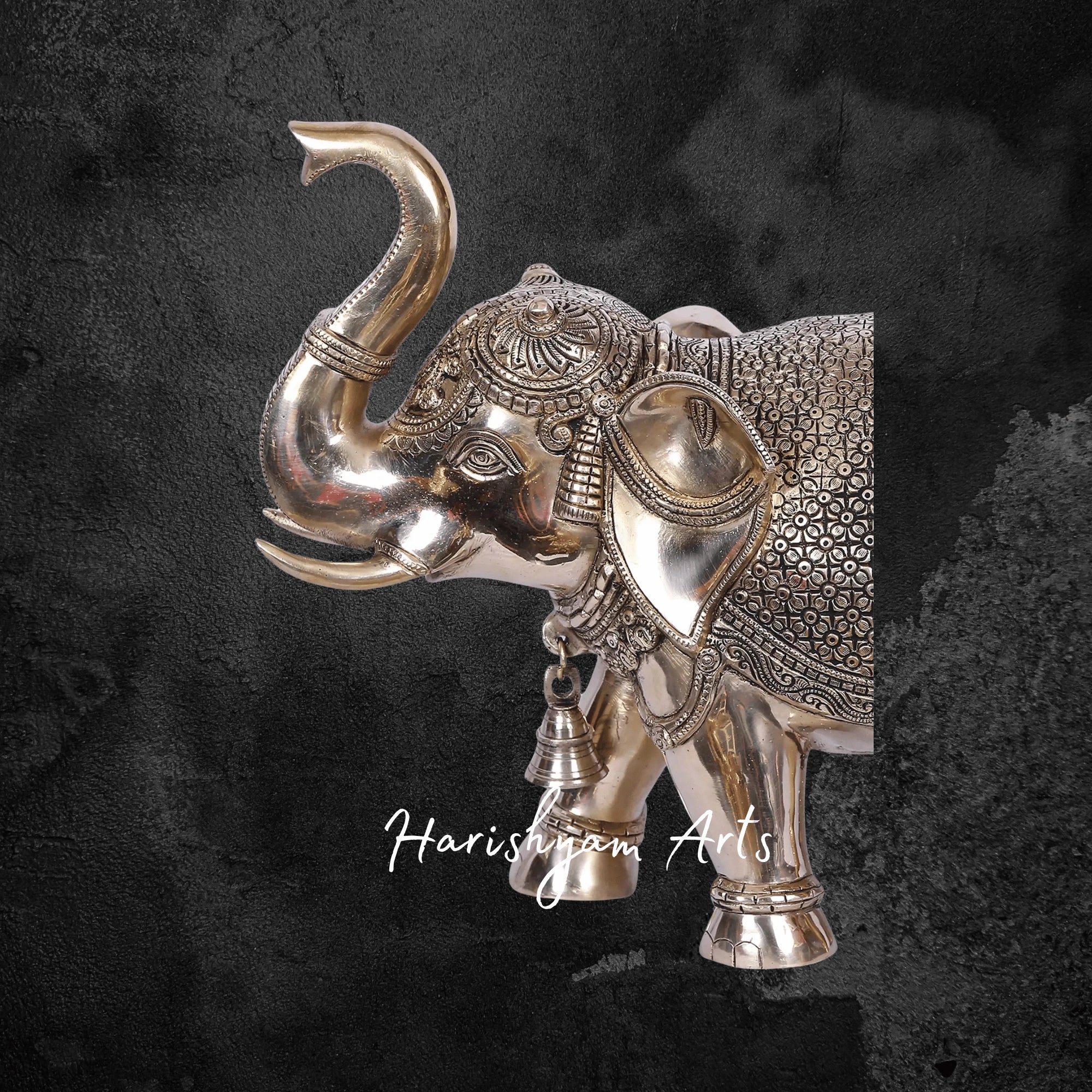 11" Gold Plated Brass Elephant with Raised Trunk and Intricate Detailing