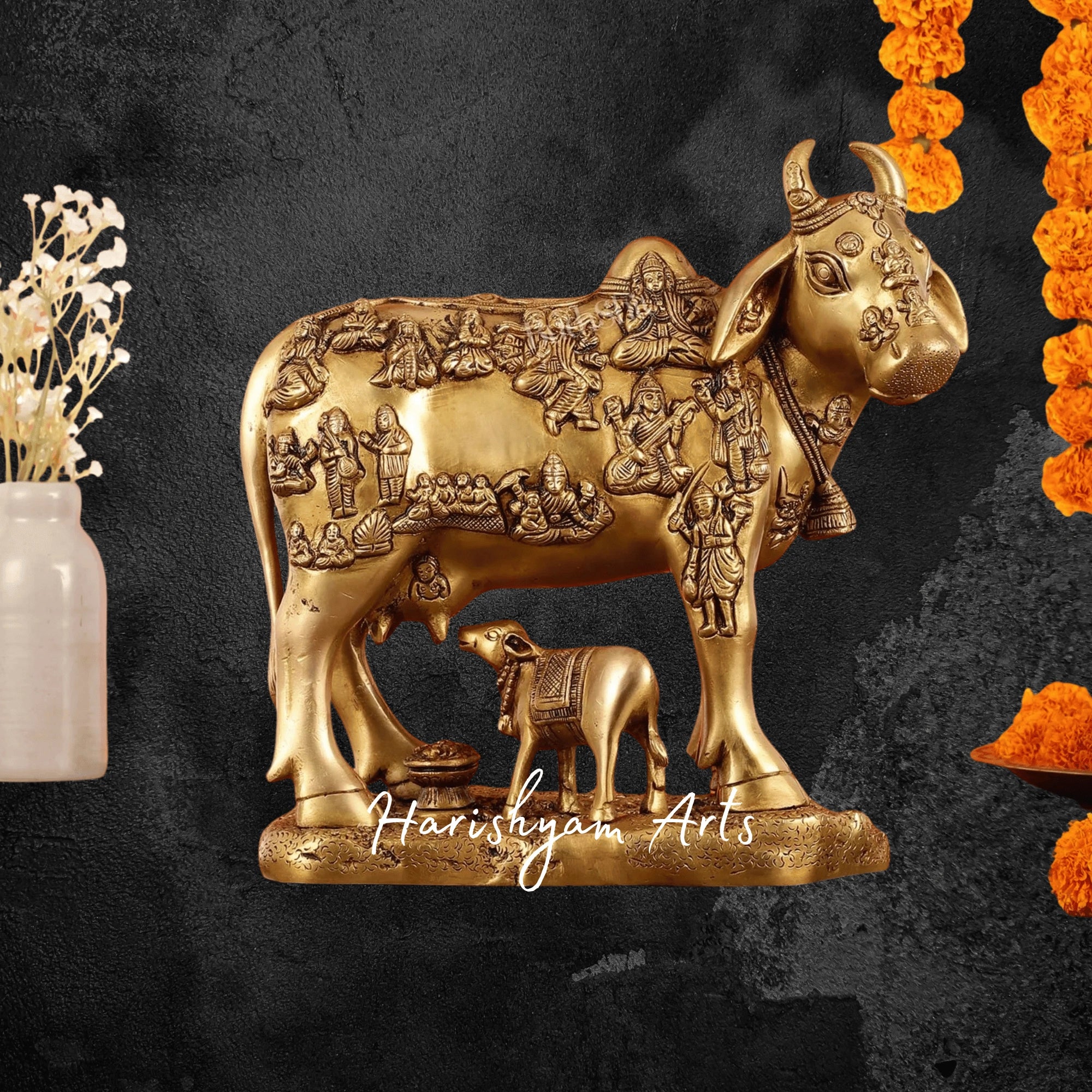 11" Grand Brass Kamdhenu Cow and Calf Idol for Home Temple