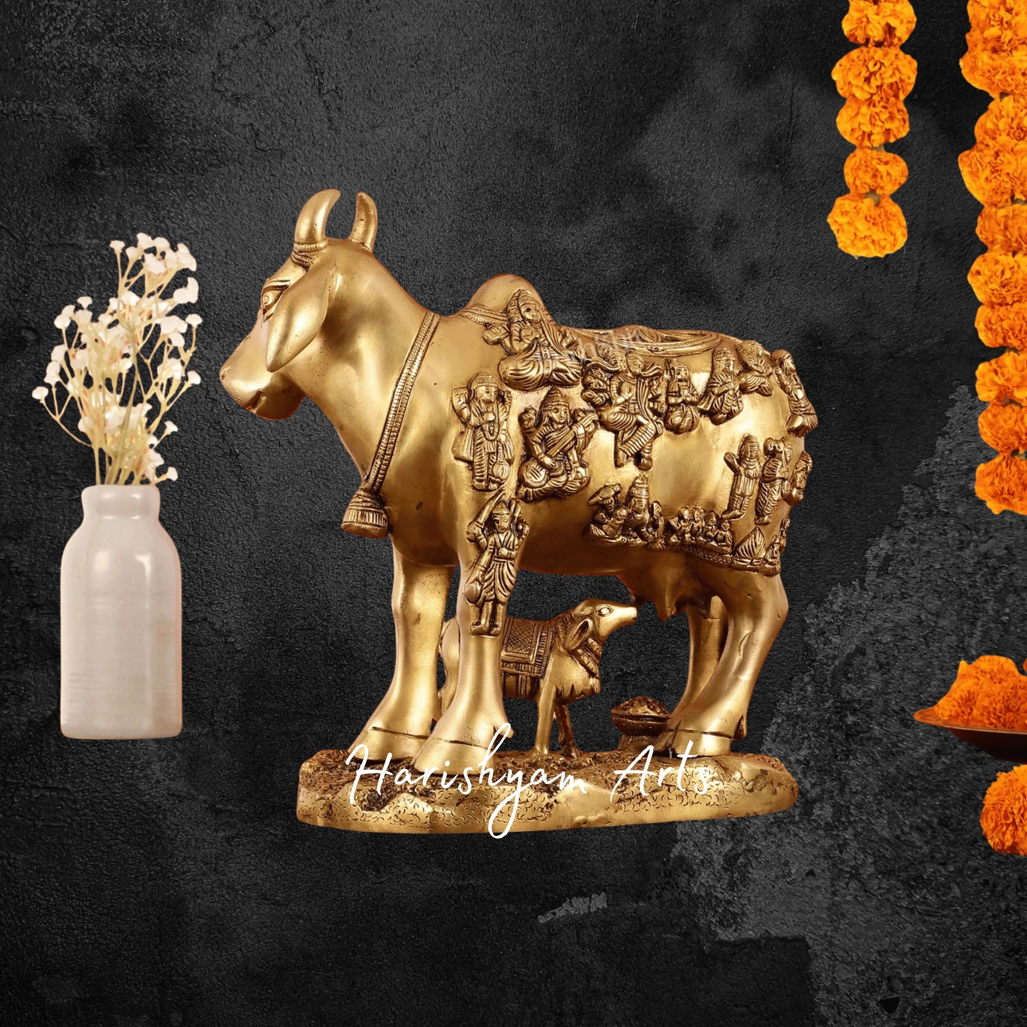 11" Grand Brass Kamdhenu Cow and Calf Idol for Home Temple