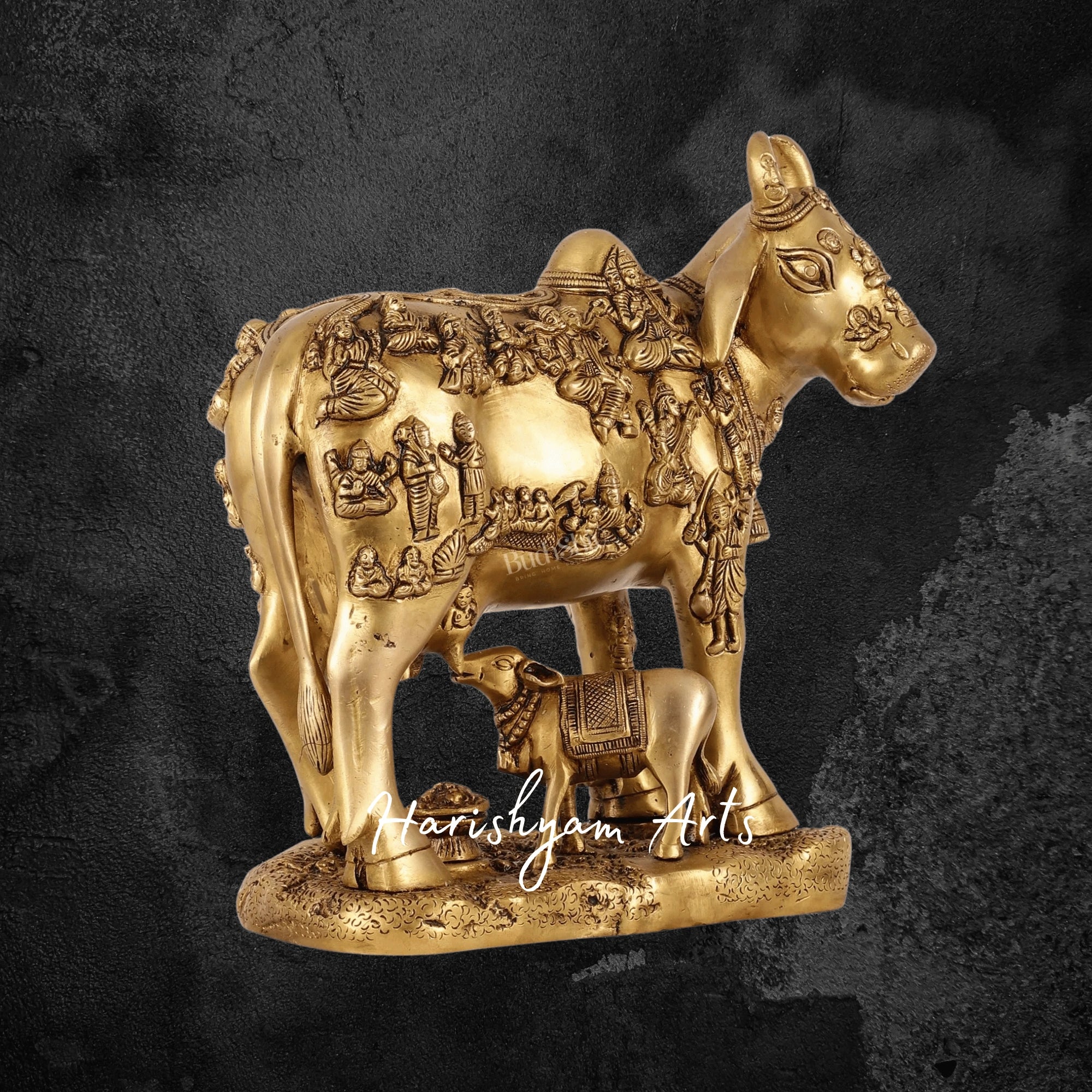 11" Grand Brass Kamdhenu Cow and Calf Idol for Home Temple