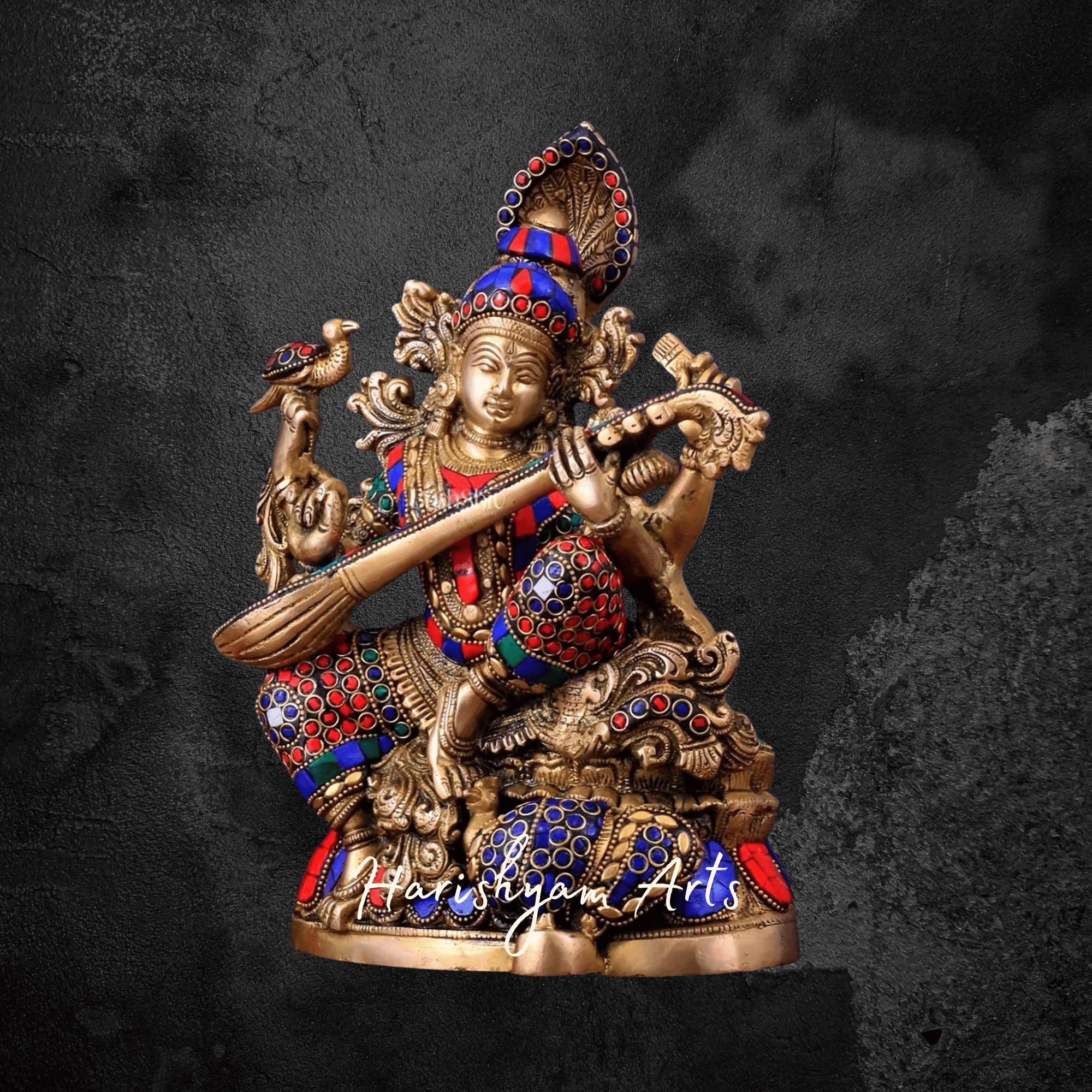 11" Handcrafted Brass Saraswati Idol with Intricate Stone Inlay Seated on Lotus Base