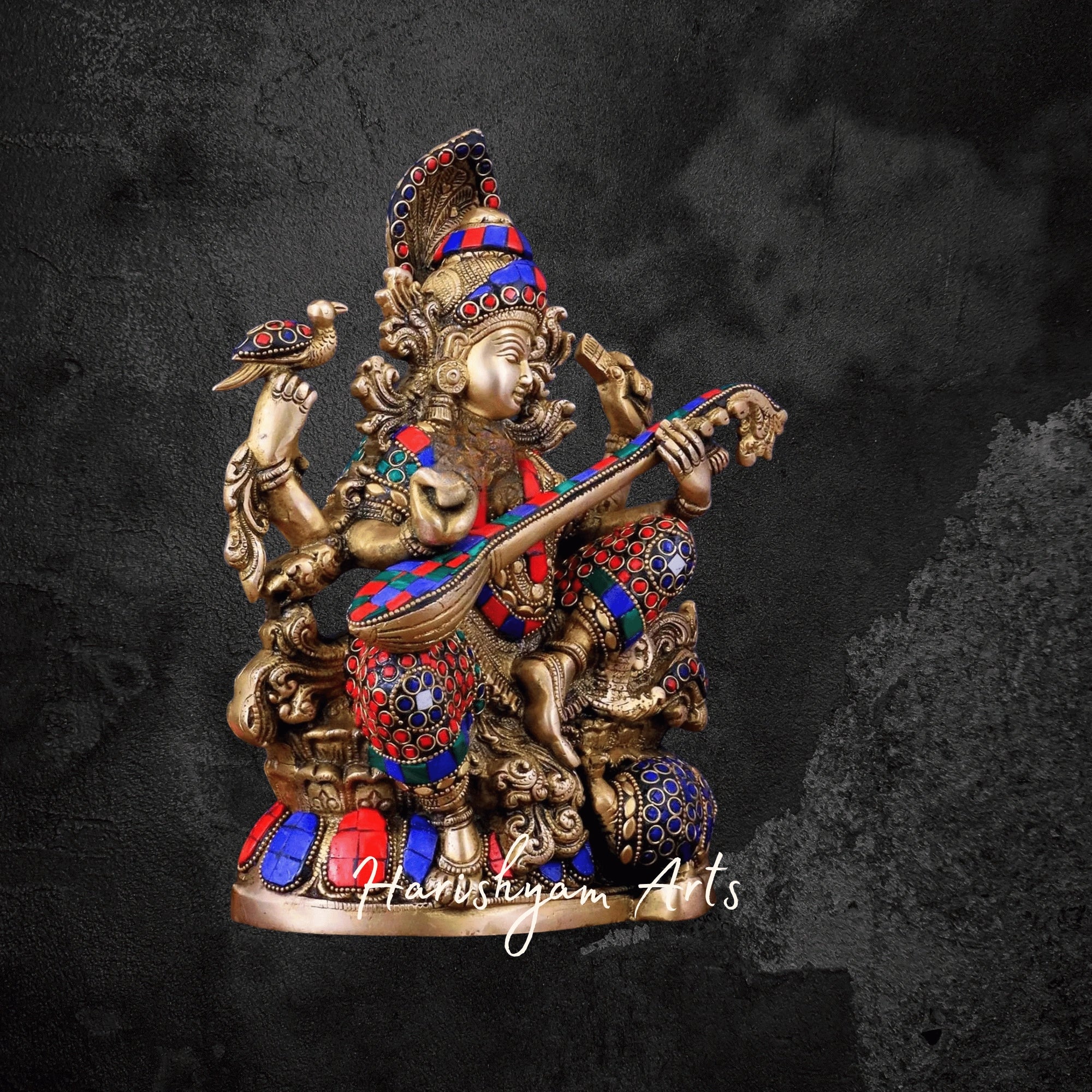 11" Handcrafted Brass Saraswati Idol with Intricate Stone Inlay Seated on Lotus Base