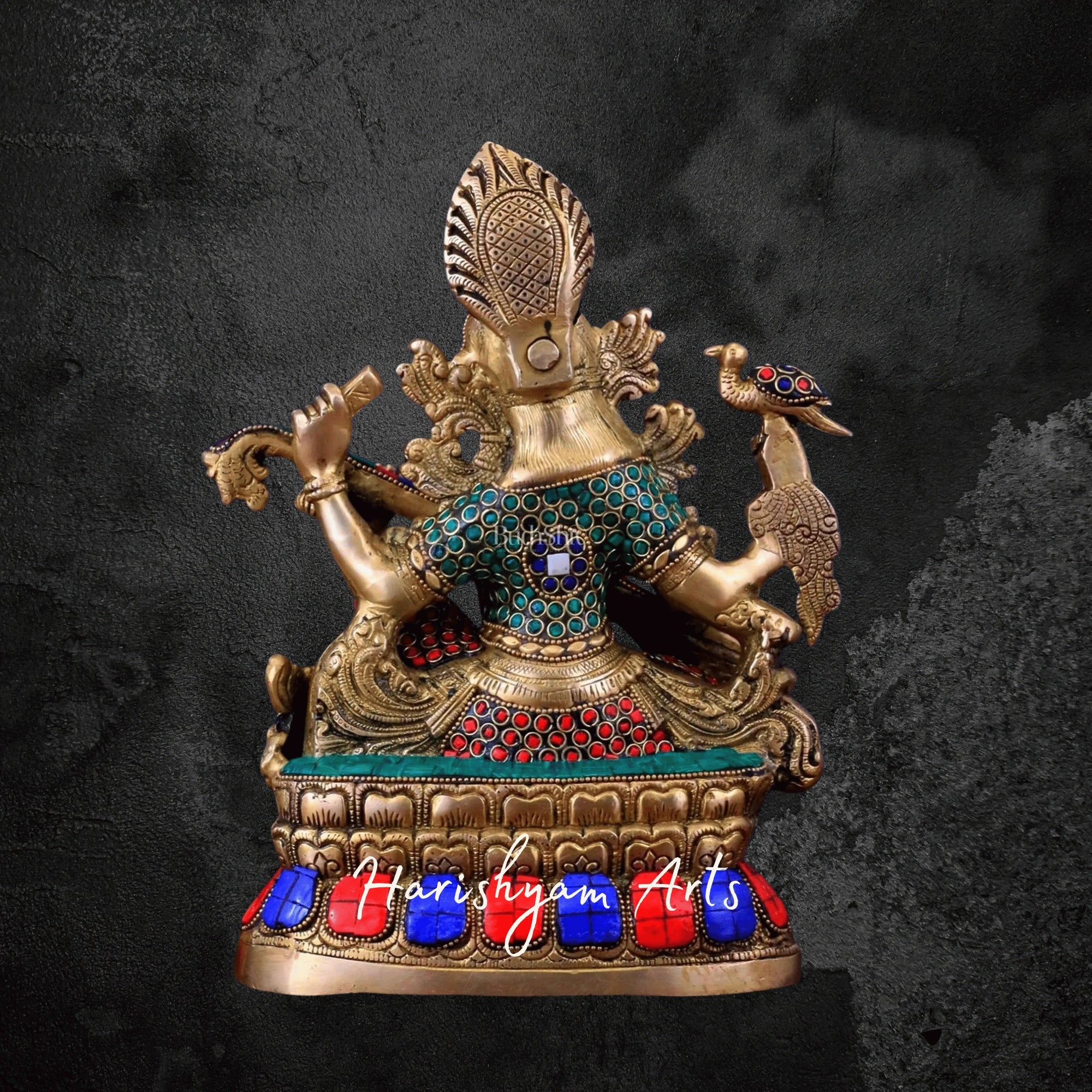 11" Handcrafted Brass Saraswati Idol with Intricate Stone Inlay Seated on Lotus Base