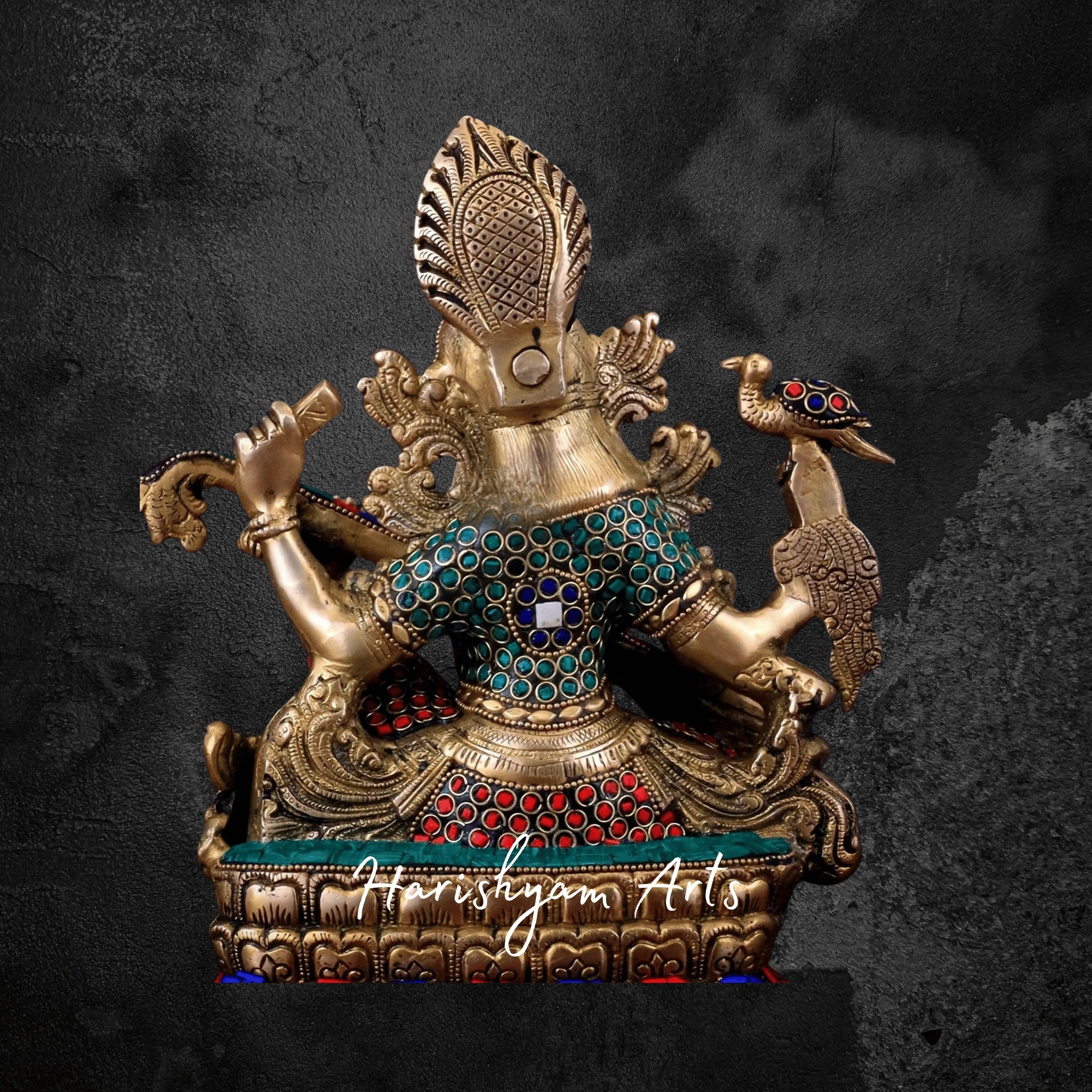 11" Handcrafted Brass Saraswati Idol with Intricate Stone Inlay Seated on Lotus Base