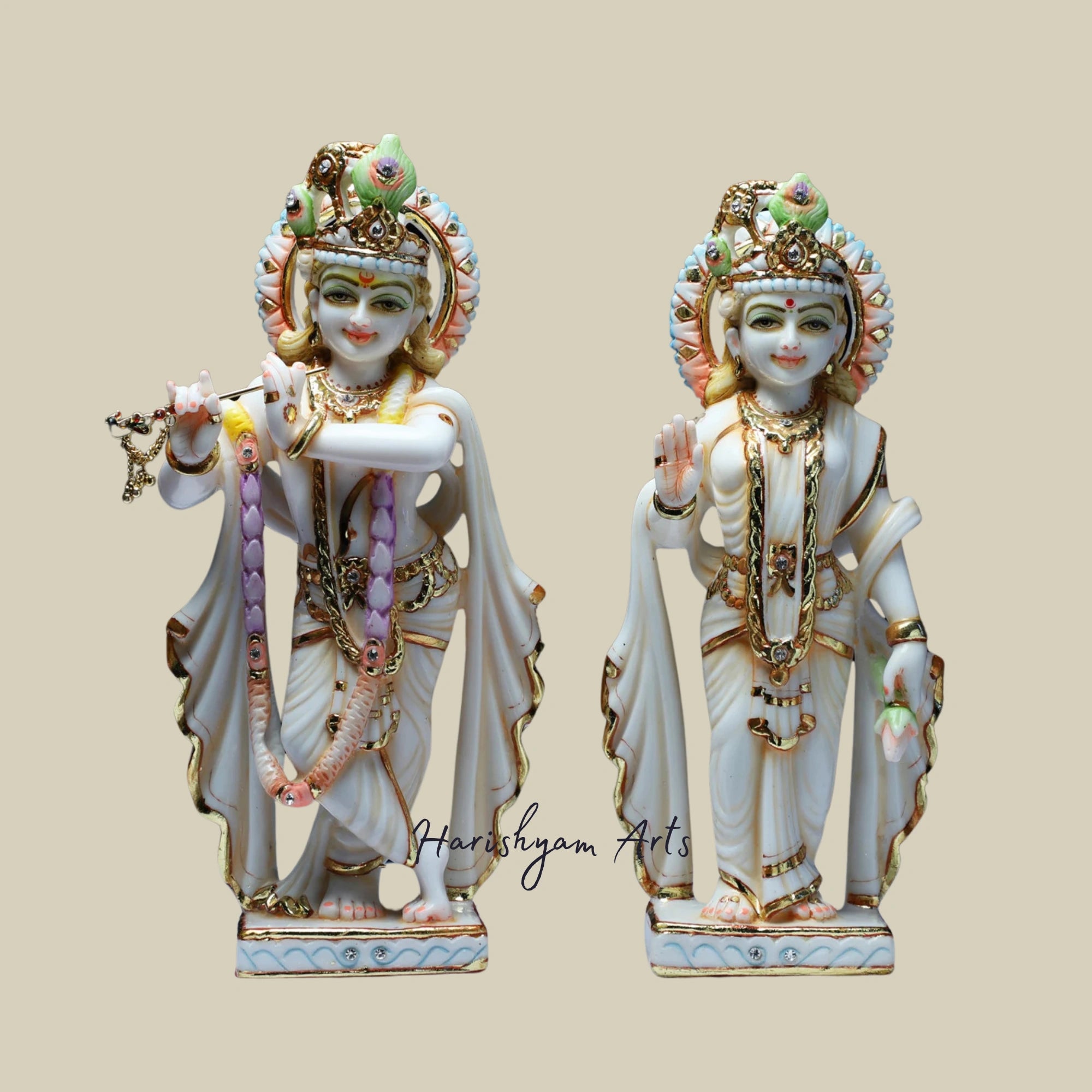 11" Intricately Designed Marble Radha Krishna Statue
