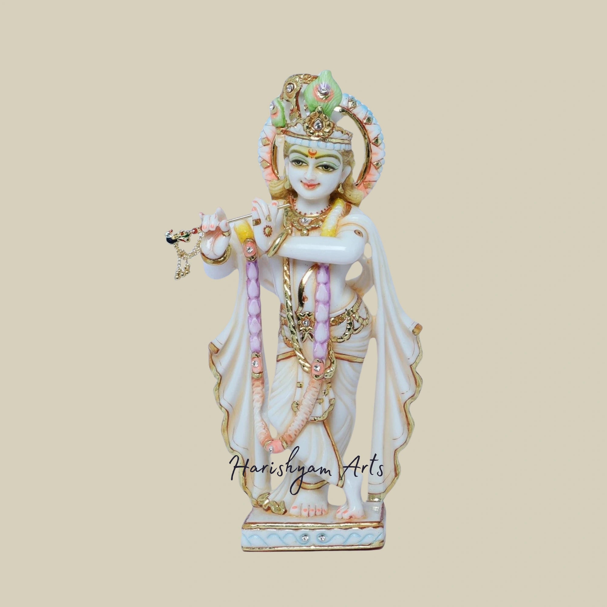 11" Intricately Designed Marble Radha Krishna Statue