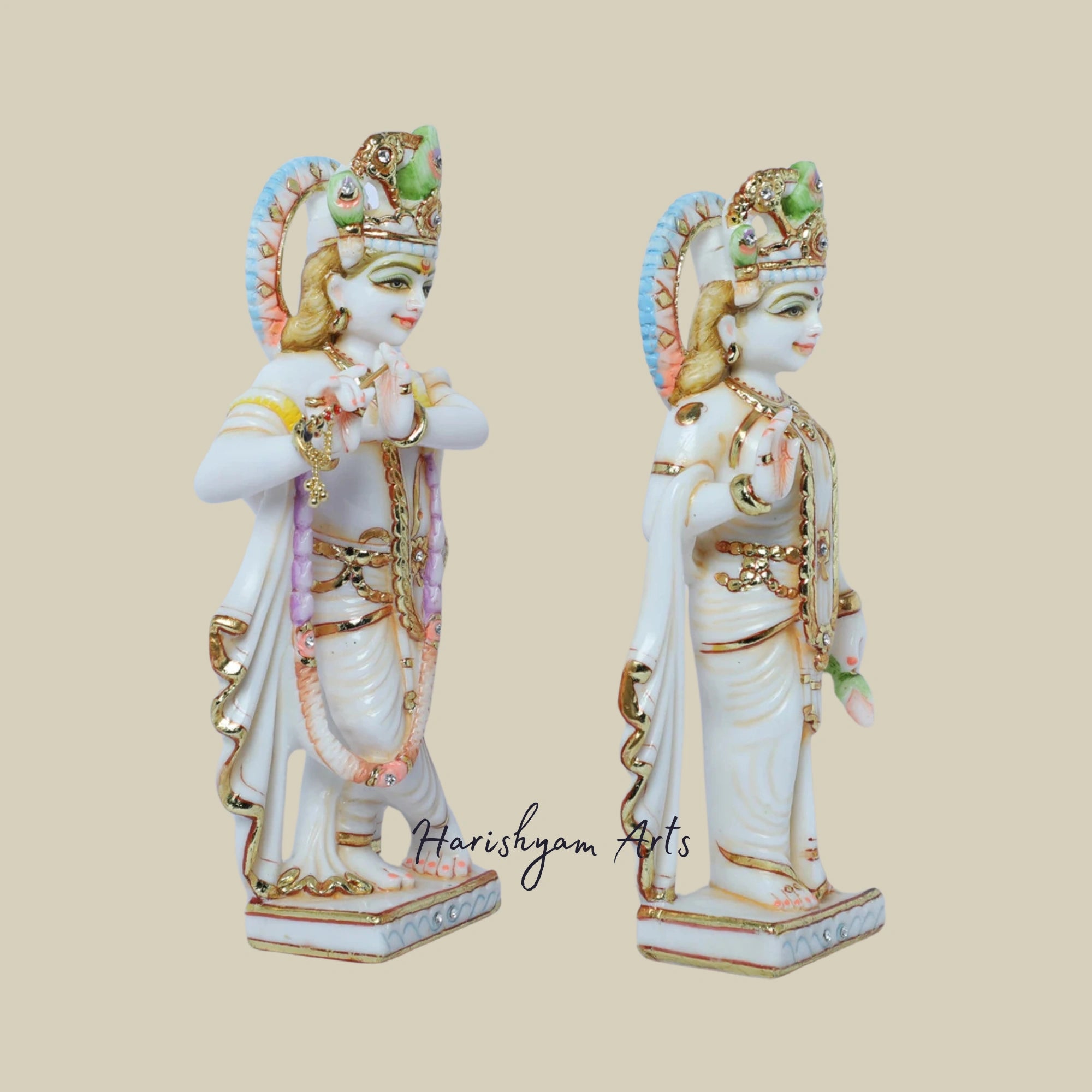 11" Intricately Designed Marble Radha Krishna Statue