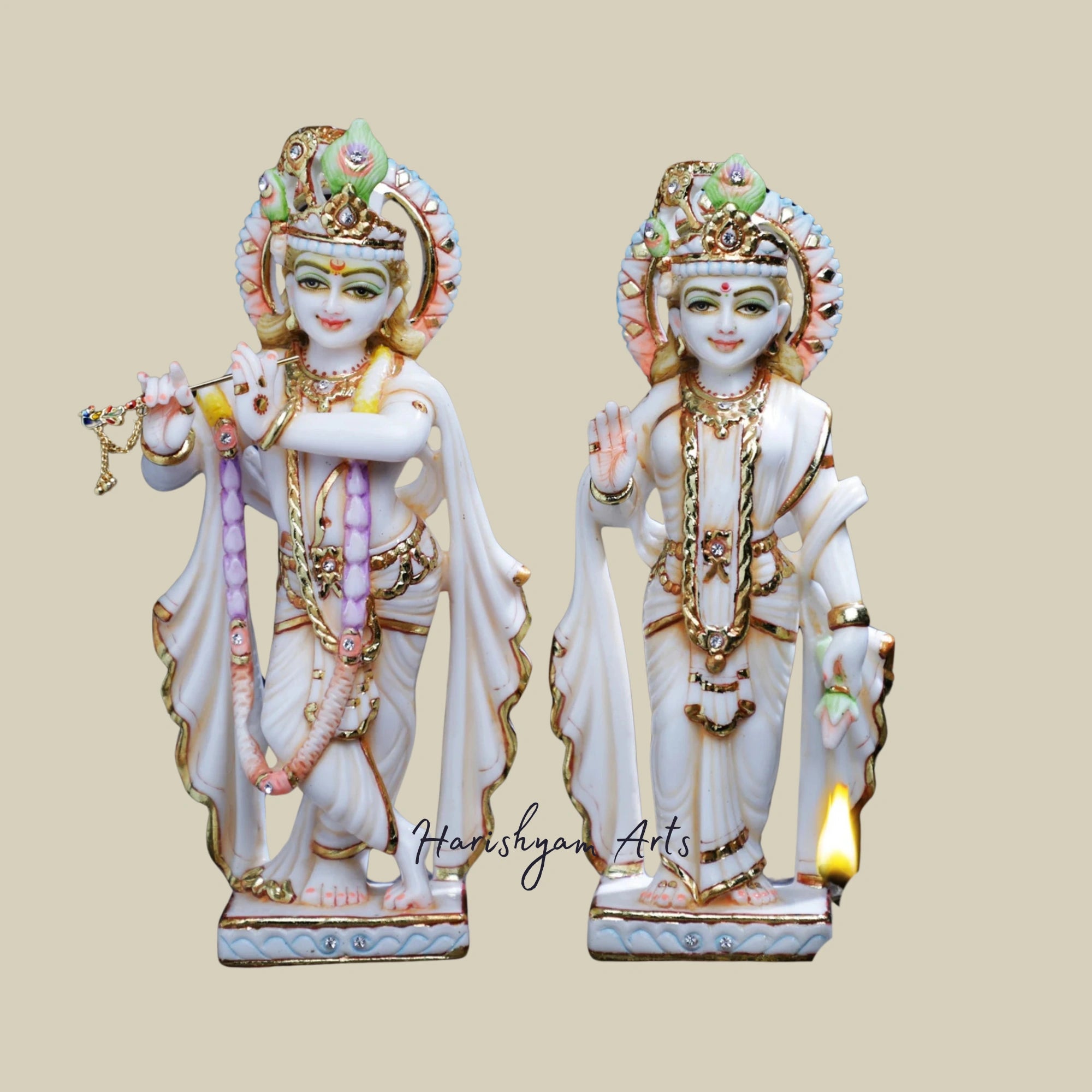 11" Intricately Designed Marble Radha Krishna Statue