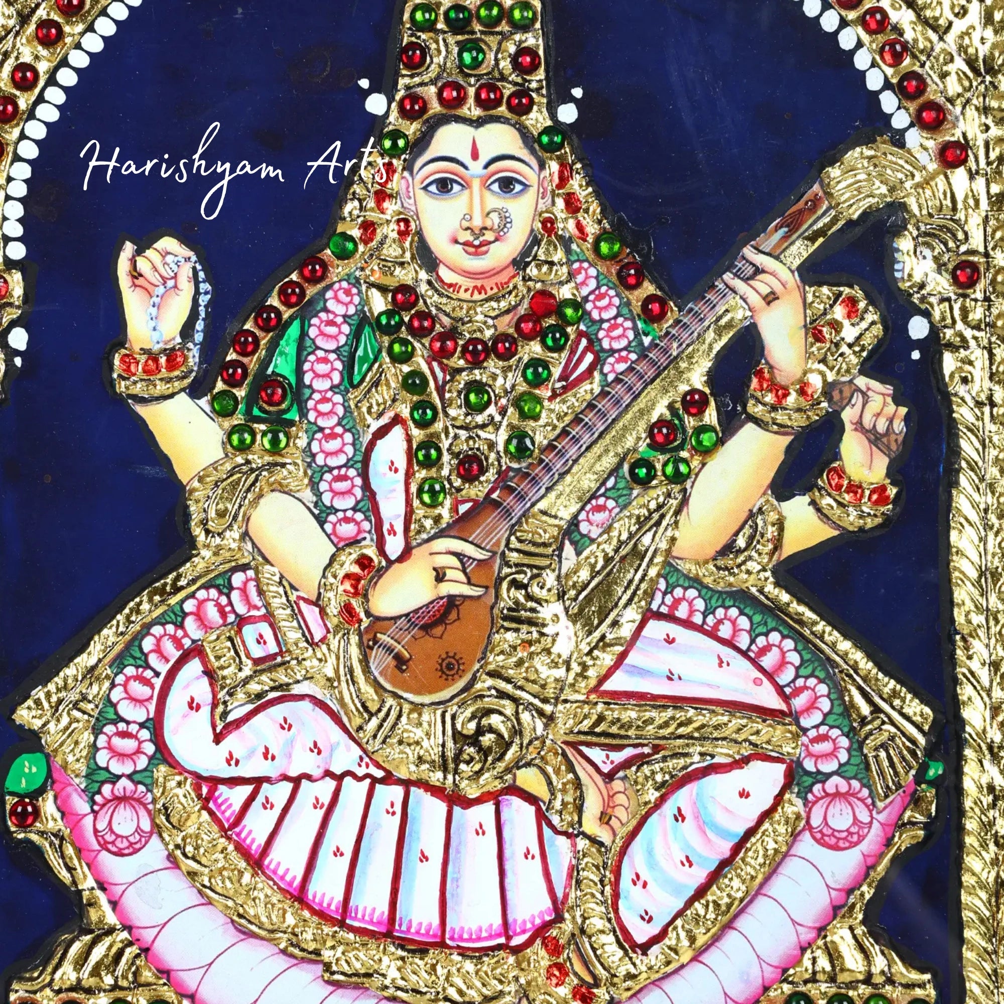 11" Lakshmi Ganesha Saraswati Tanjore Painting with Wooden Frame and Vibrant Colors