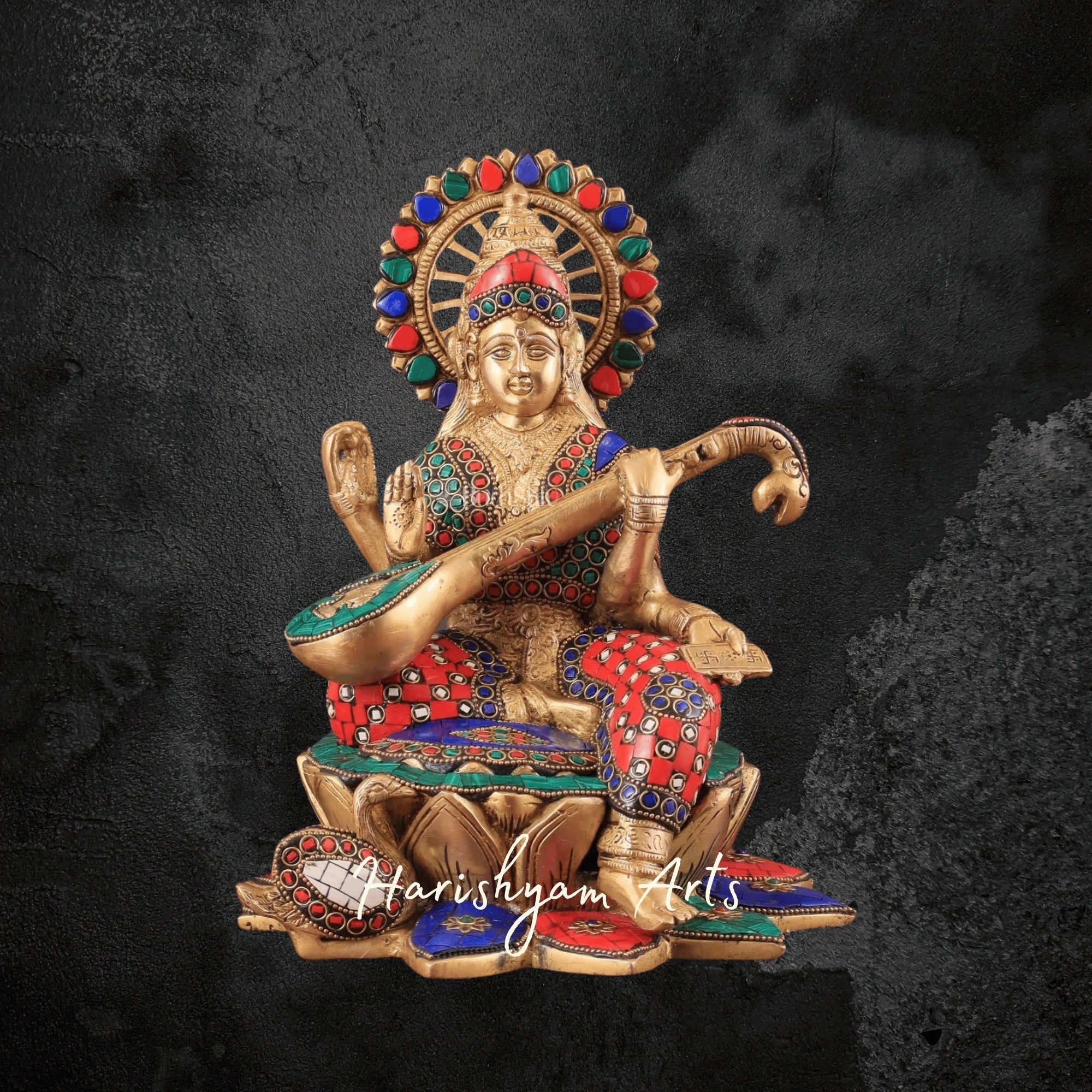 11" Meenakari Brass Saraswati Idol on Lotus with Swan for Home Temple Decor