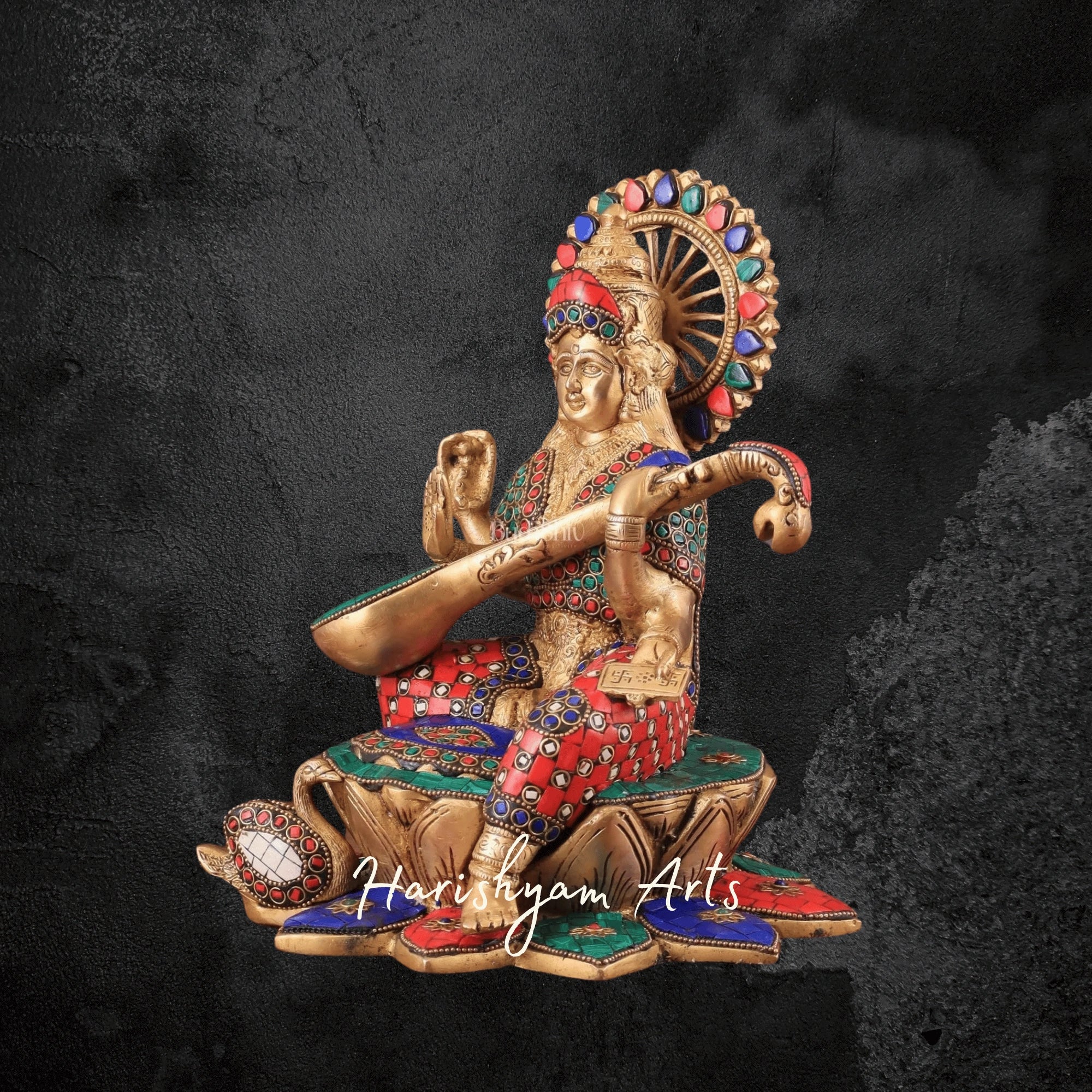 11" Meenakari Brass Saraswati Idol on Lotus with Swan for Home Temple Decor