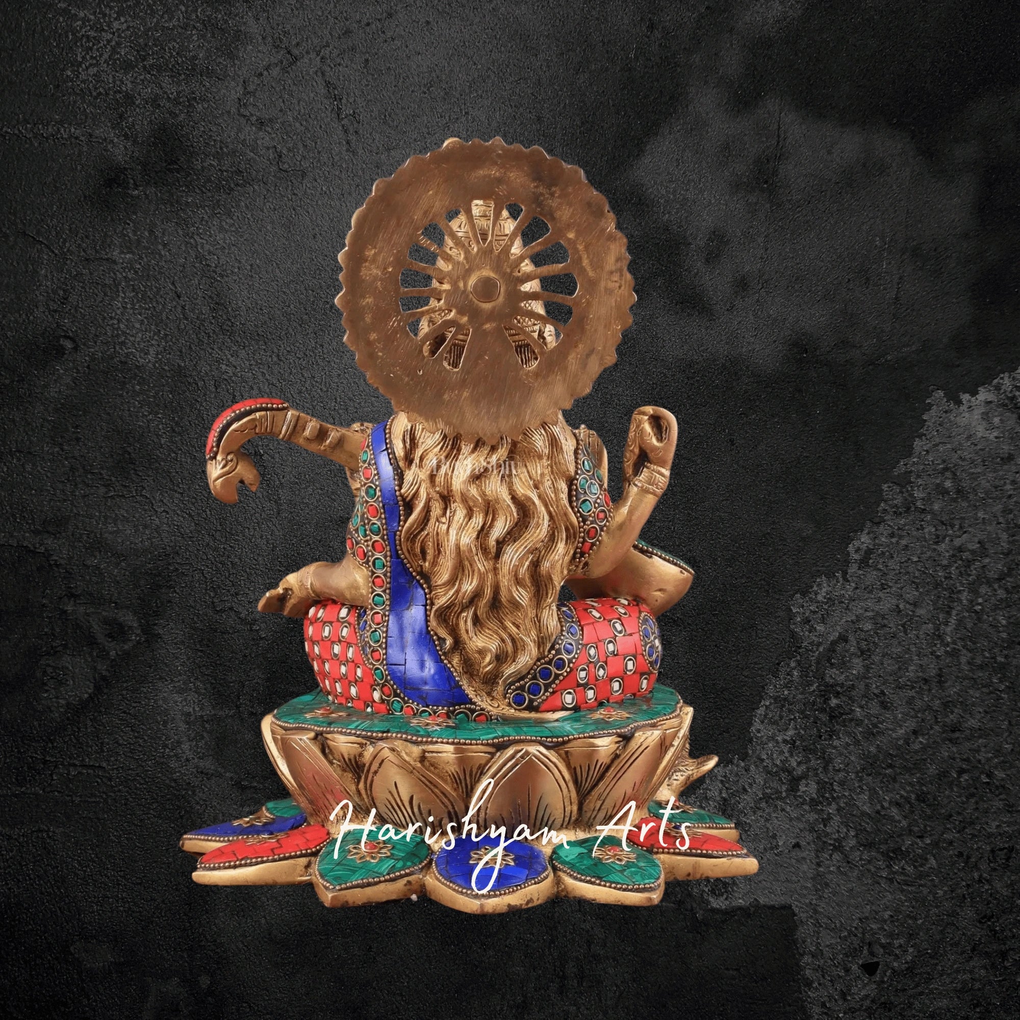 11" Meenakari Brass Saraswati Idol on Lotus with Swan for Home Temple Decor