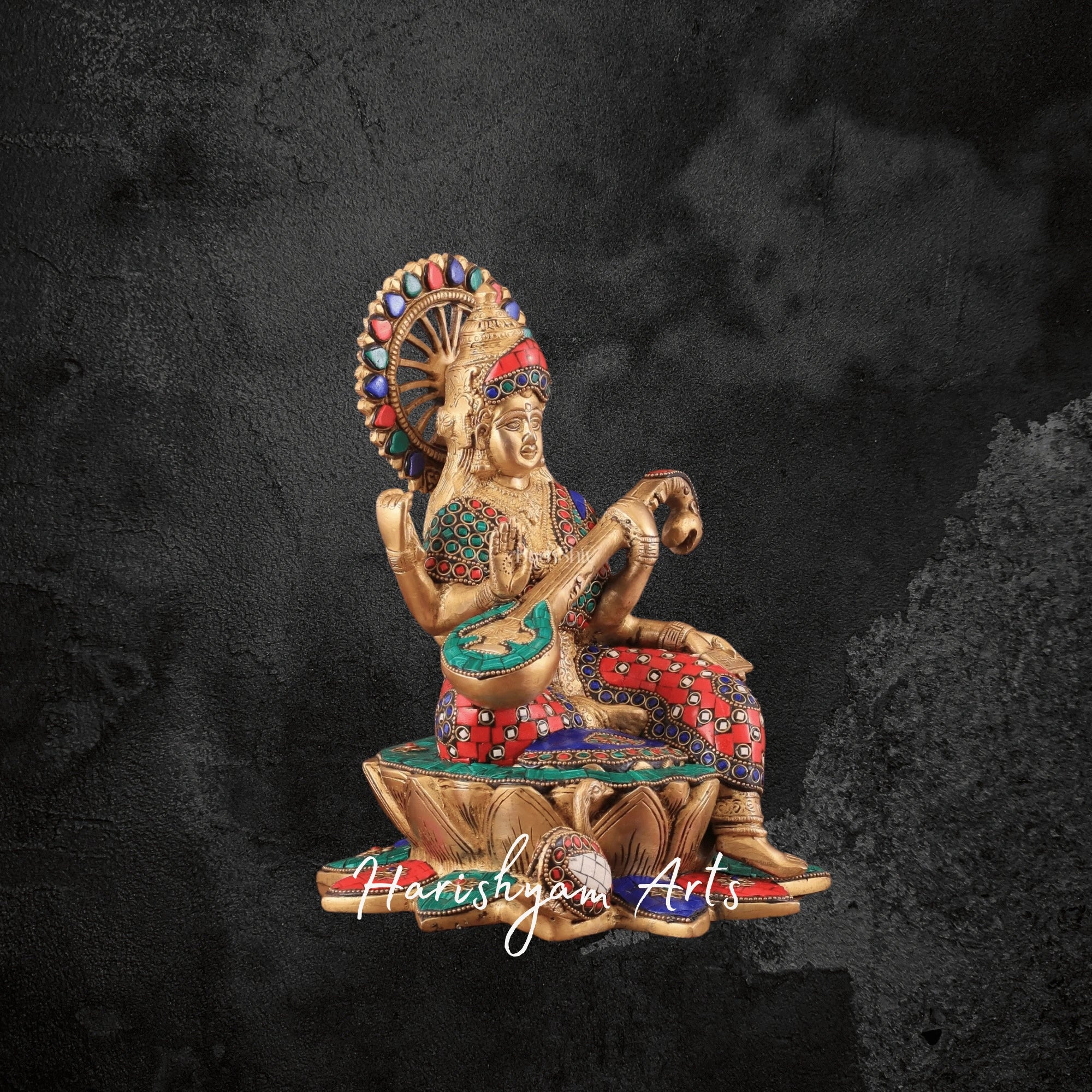 11" Meenakari Brass Saraswati Idol on Lotus with Swan for Home Temple Decor