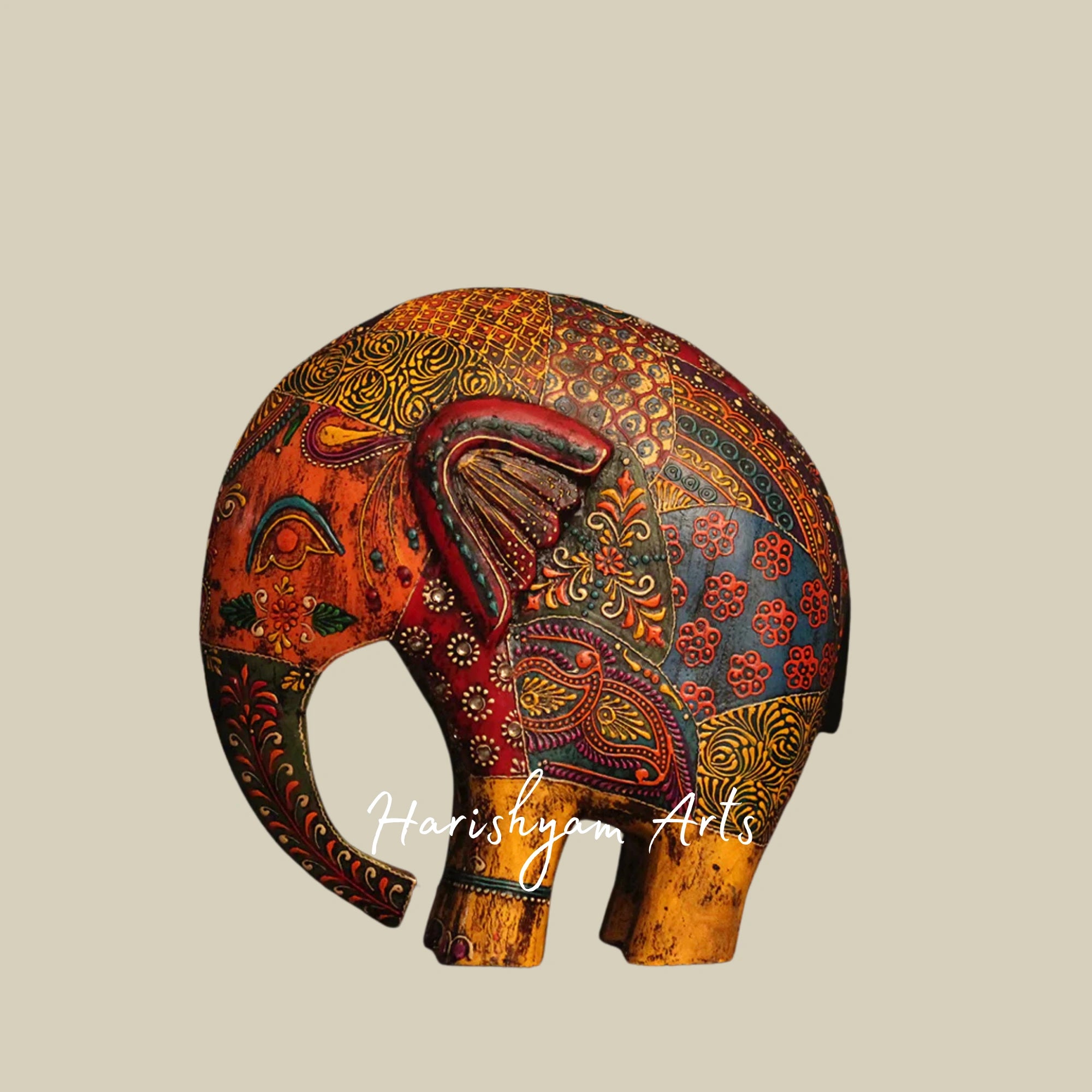 11" Multicoloured Wooden Elephant with Intricate Oblique Design