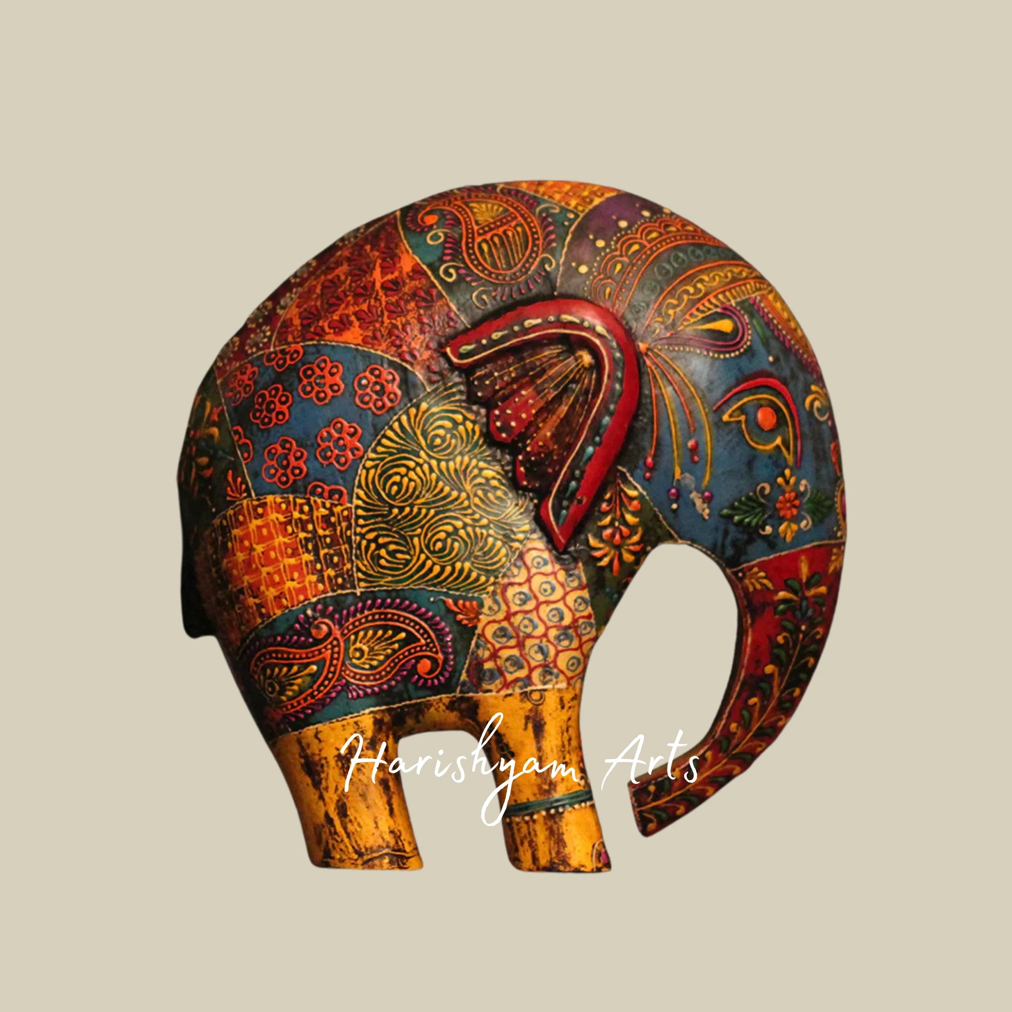 11" Multicoloured Wooden Elephant with Intricate Oblique Design2