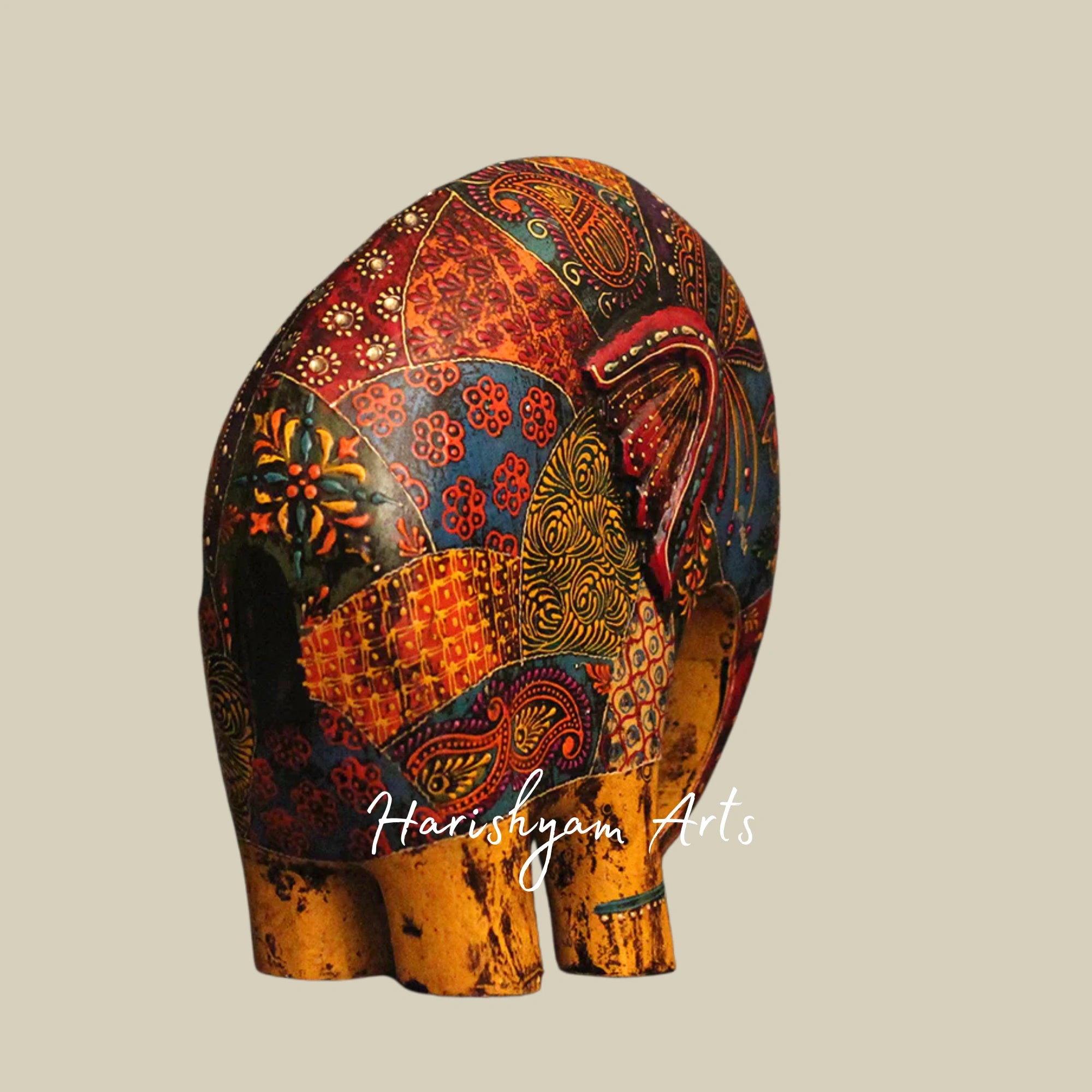 11" Multicoloured Wooden Elephant with Intricate Oblique Design3