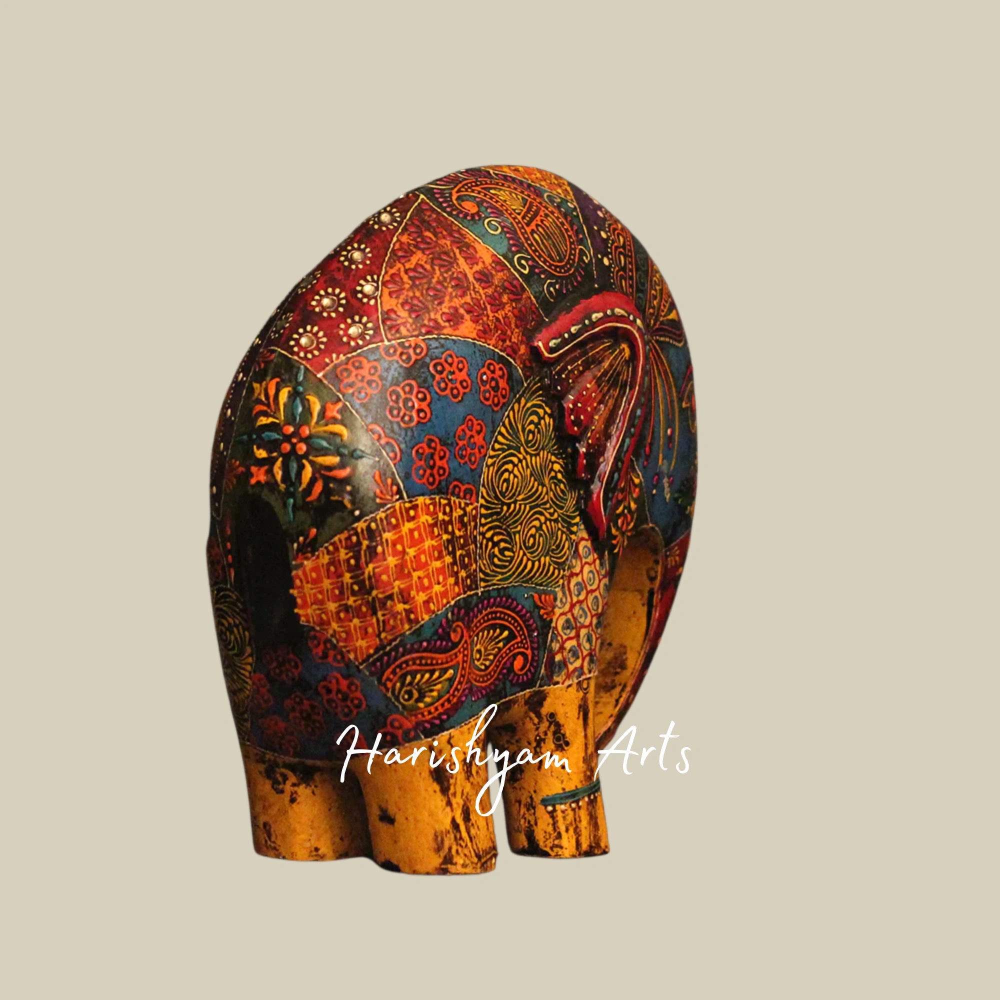 11" Multicoloured Wooden Elephant with Intricate Oblique Design