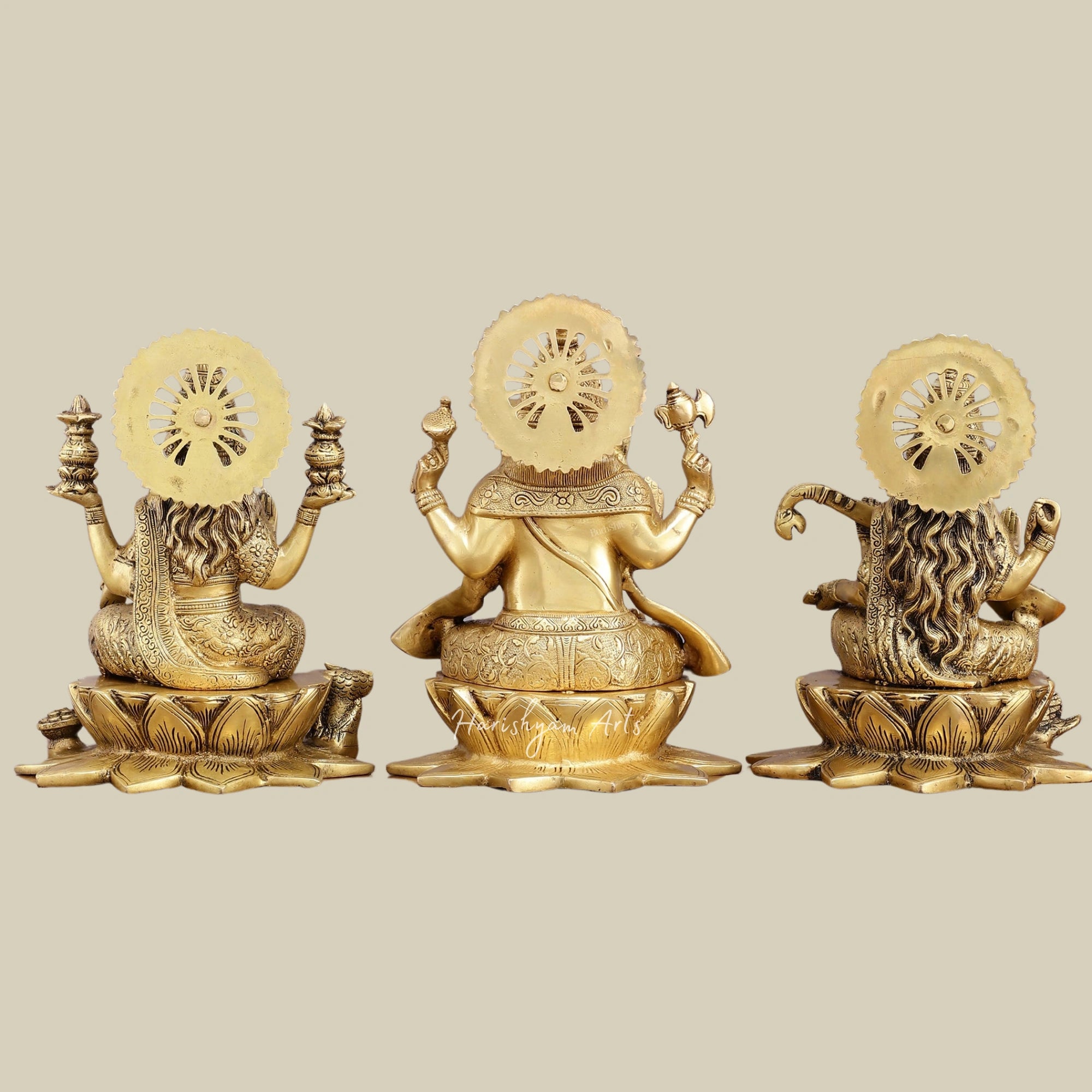 11" Pure Brass Lakshmi Ganesh Saraswati Statue Trio on Lotus Base for Mandir