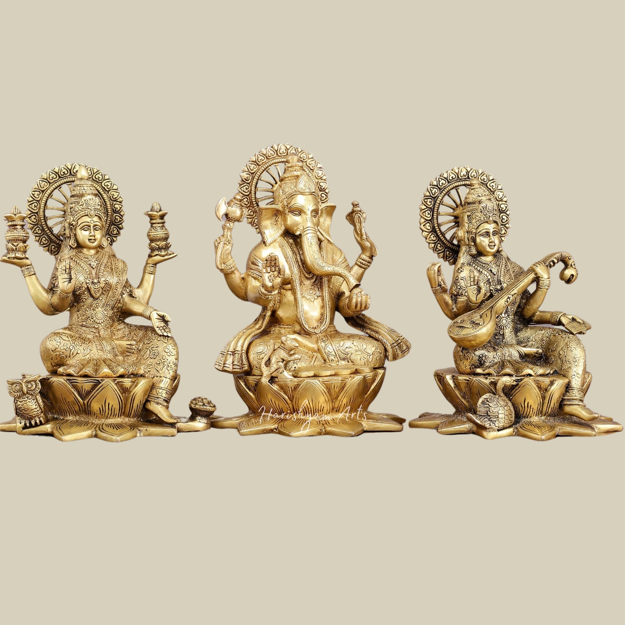 11" Pure Brass Lakshmi Ganesh Saraswati Statue Trio on Lotus Base for Mandir1
