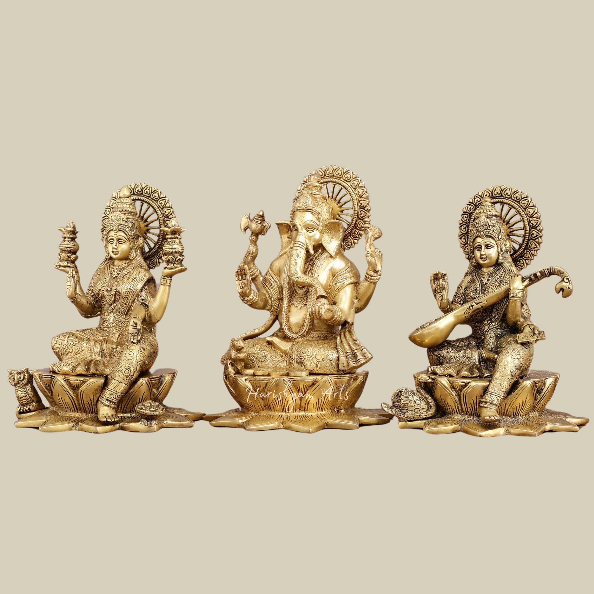 11" Pure Brass Lakshmi Ganesh Saraswati Statue Trio on Lotus Base for Mandir2
