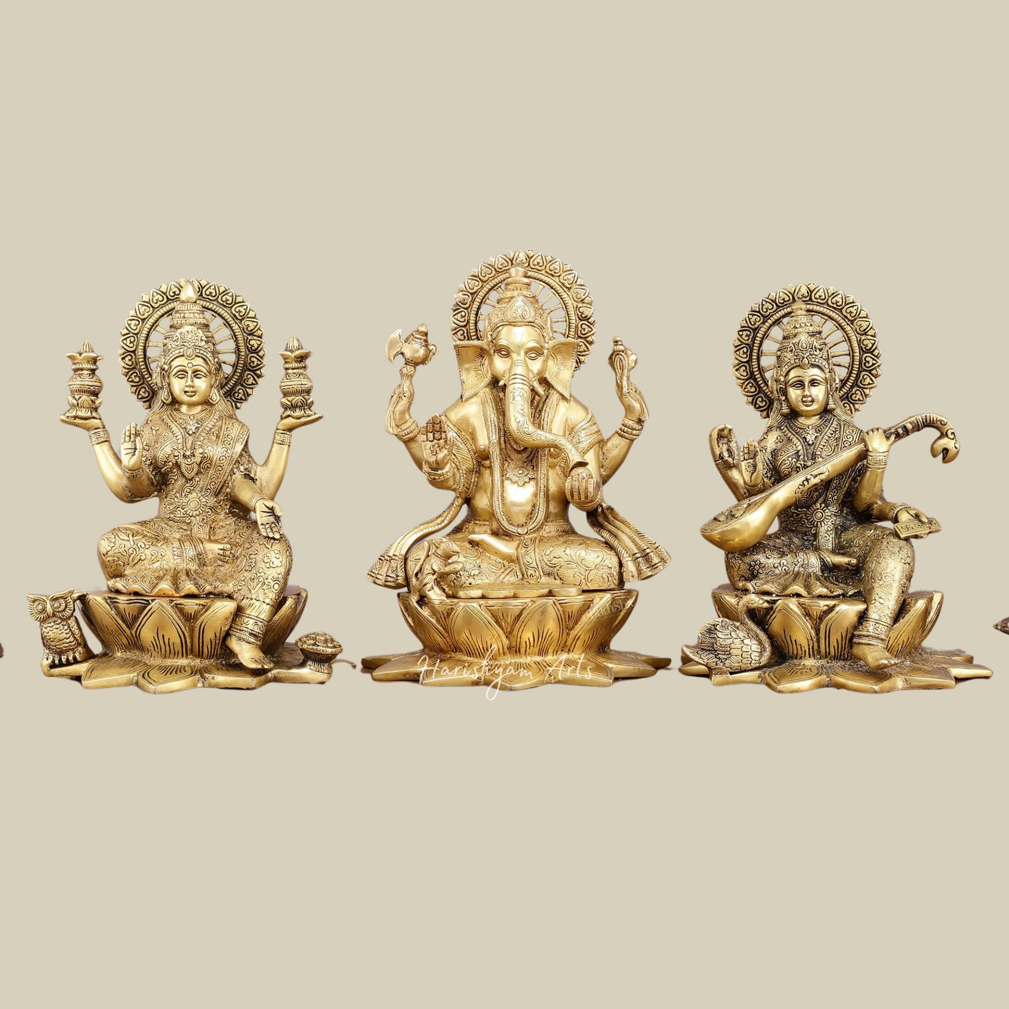 11" Pure Brass Lakshmi Ganesh Saraswati Statue Trio on Lotus Base for Mandir3
