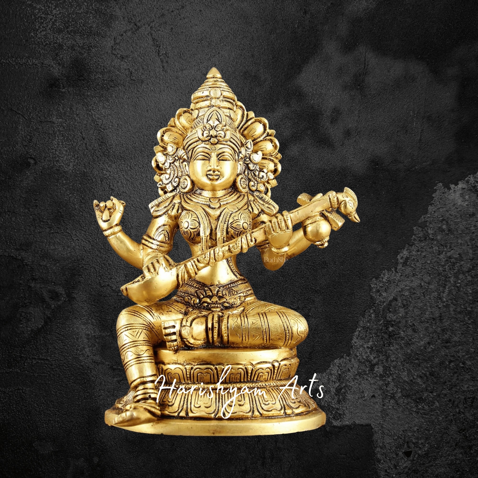 11" Traditional Brass Saraswati Idol with Stonework Perfect for Spiritual Decor and Gifting