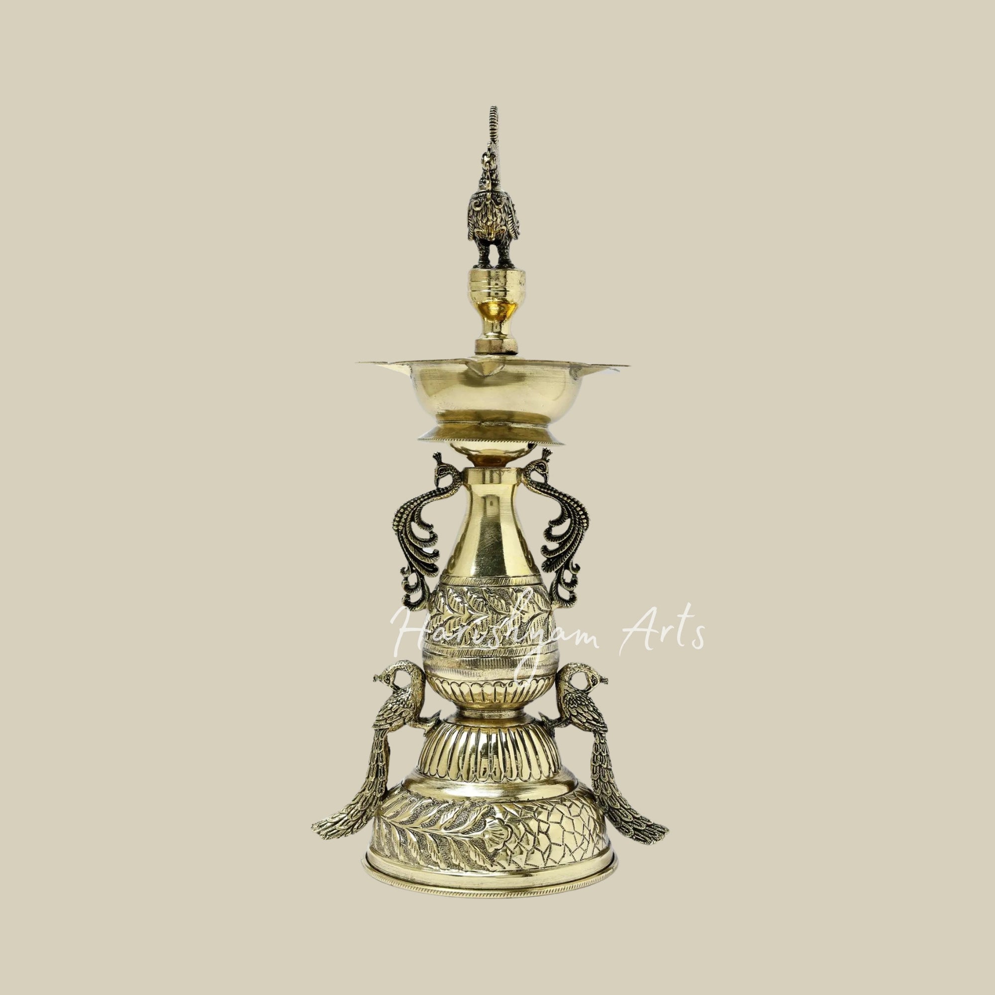 11" Brass Designer Lamp with Five Wicks and Peacock Motif