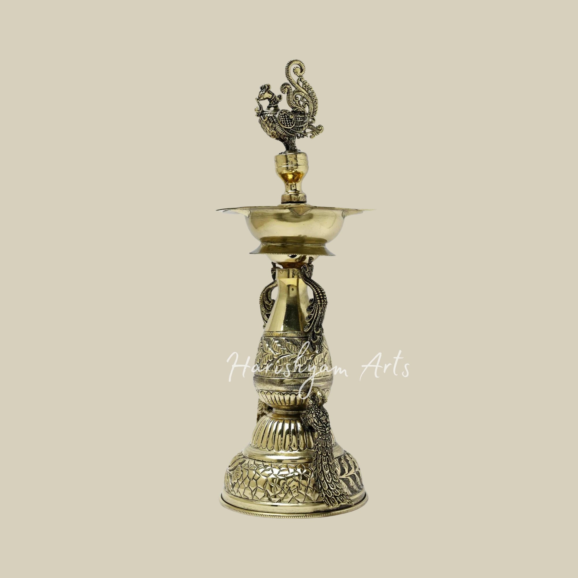 11" Brass Designer Lamp with Five Wicks and Peacock Motif1