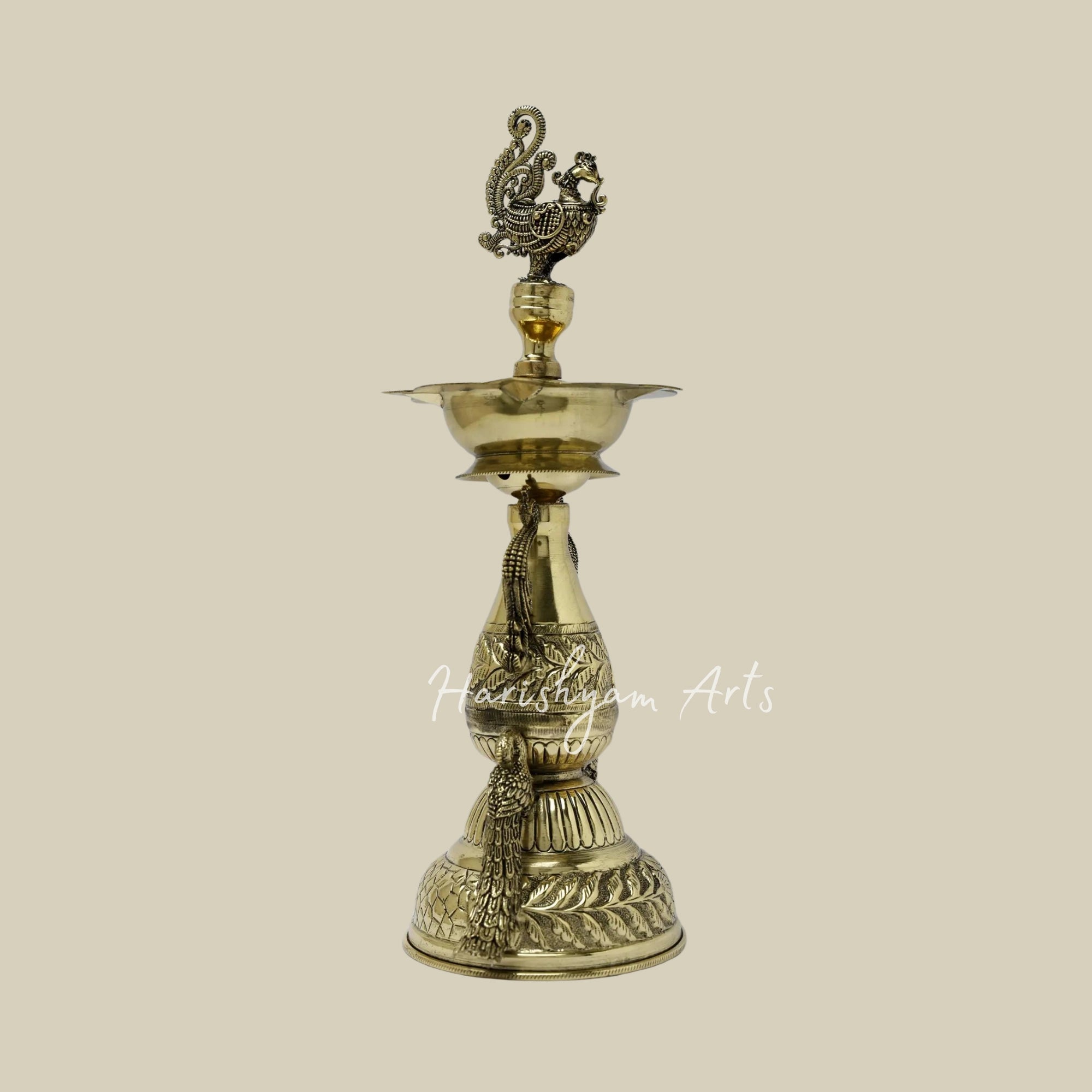 11" Brass Designer Lamp with Five Wicks and Peacock Motif2