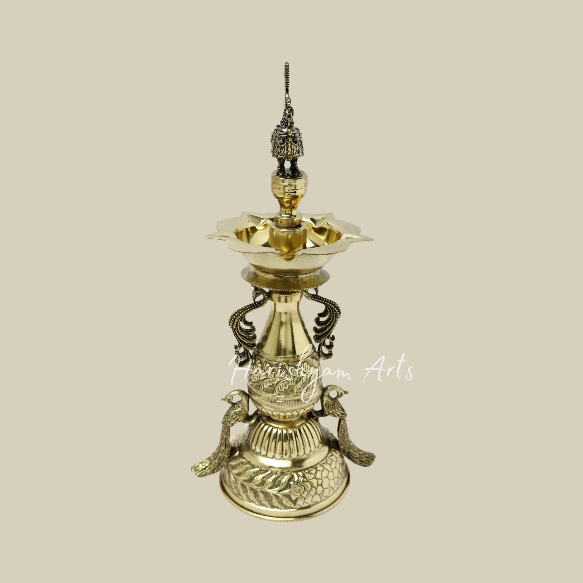 11" Brass Designer Lamp with Five Wicks and Peacock Motif3