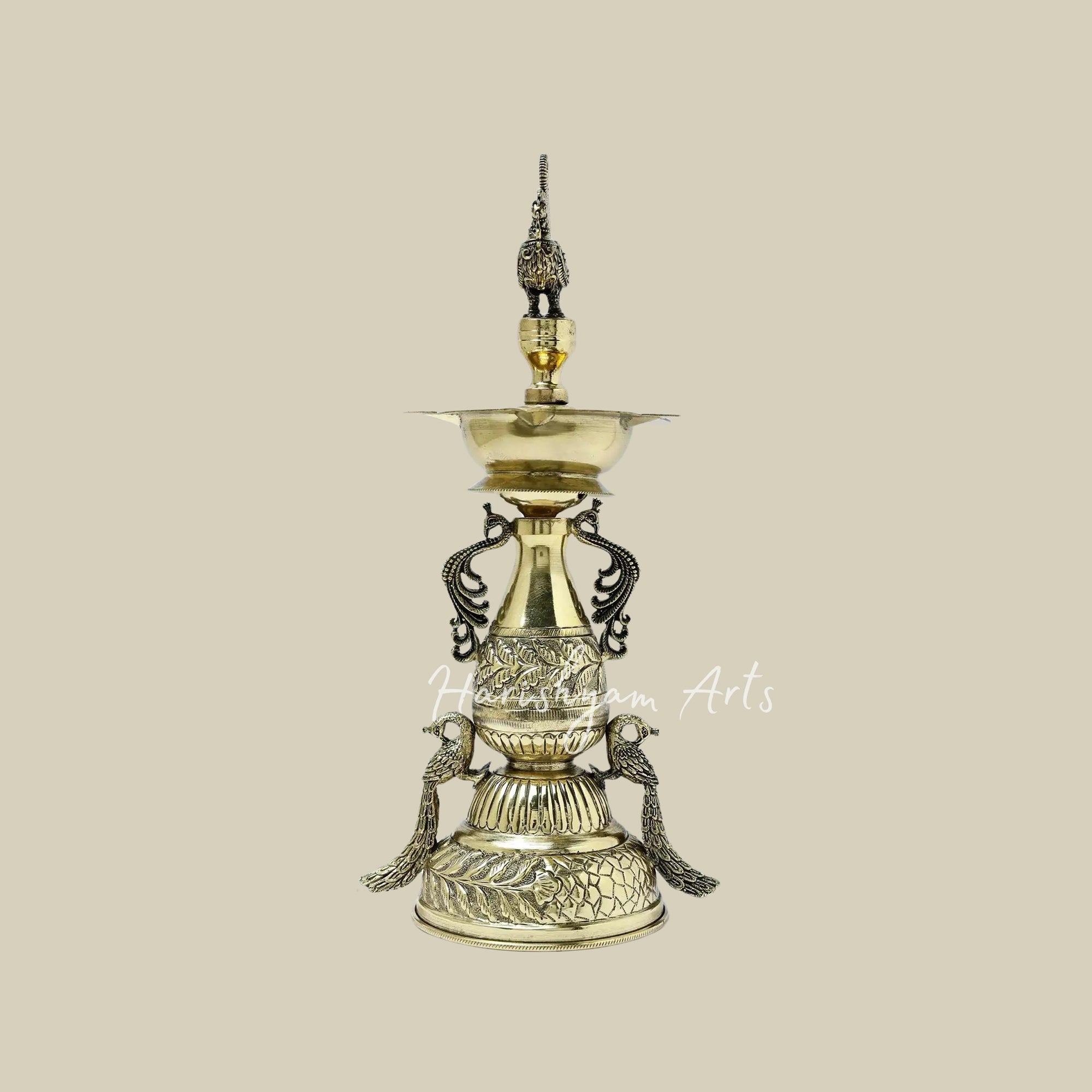 11" Brass Designer Lamp with Five Wicks and Peacock Motif4