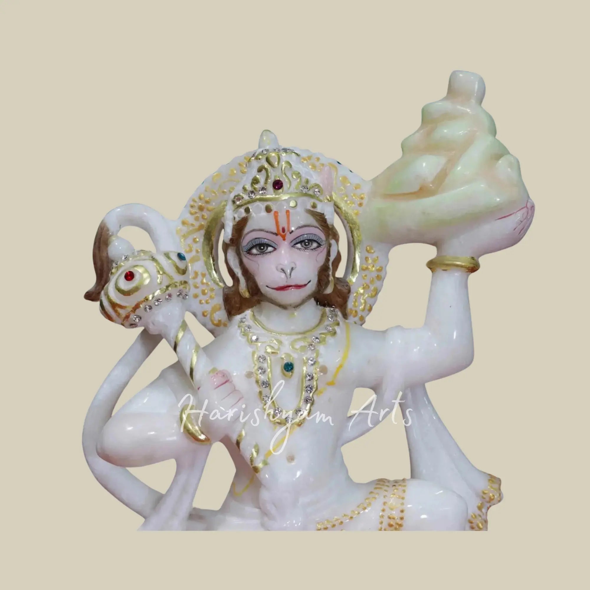 11 inches Veer Hanuman With Mountain Makrana Marble Idol