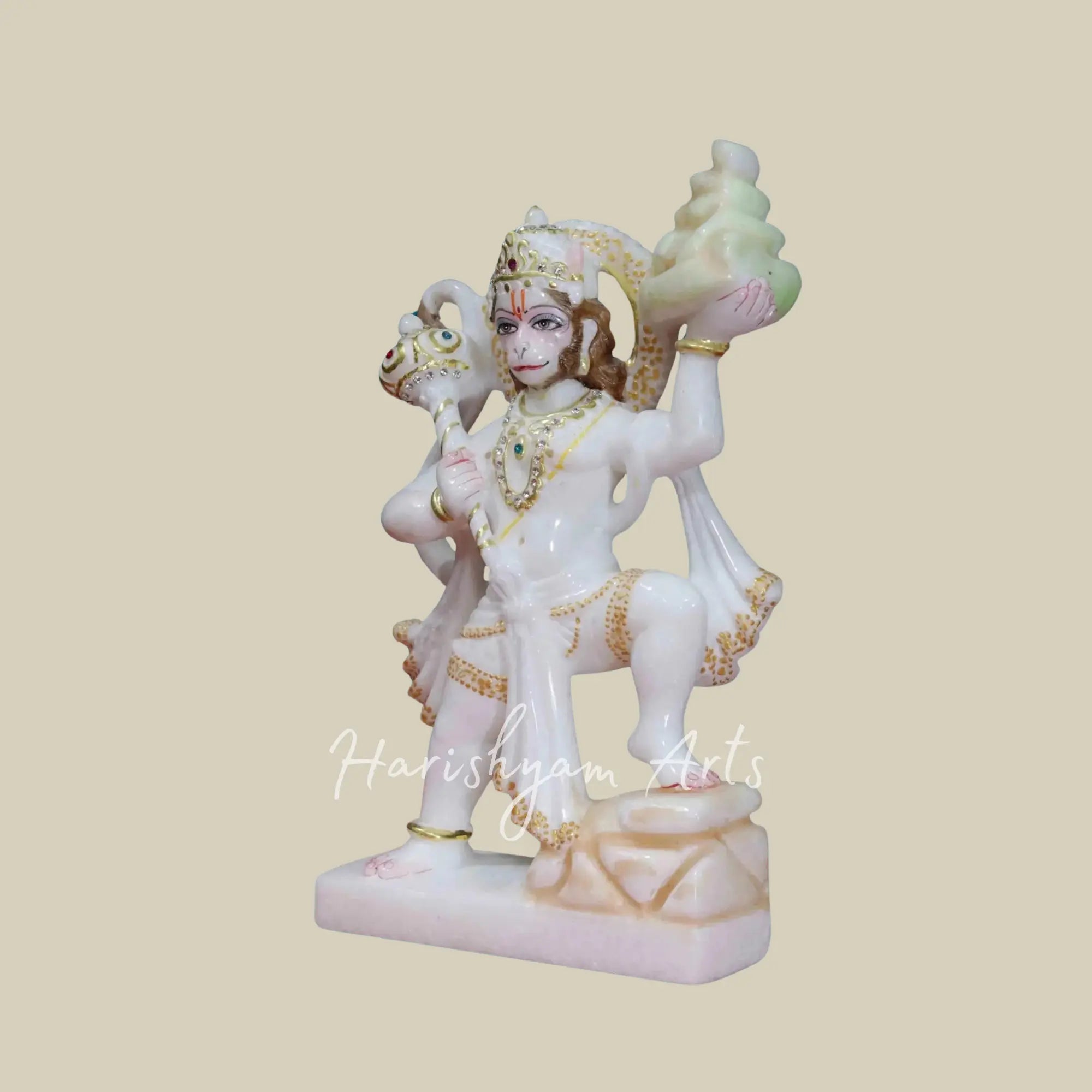 11 inches Veer Hanuman With Mountain Makrana Marble Idol 1