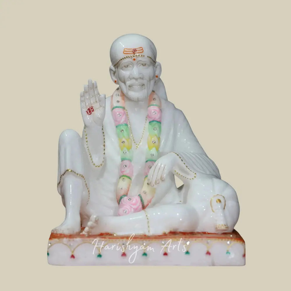 11" White Makrana Marble Sai Baba Statue in Sitting Position