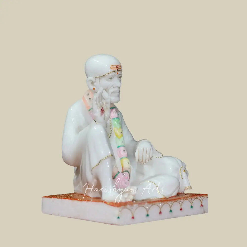11" White Makrana Marble Sai Baba Statue in Sitting Position