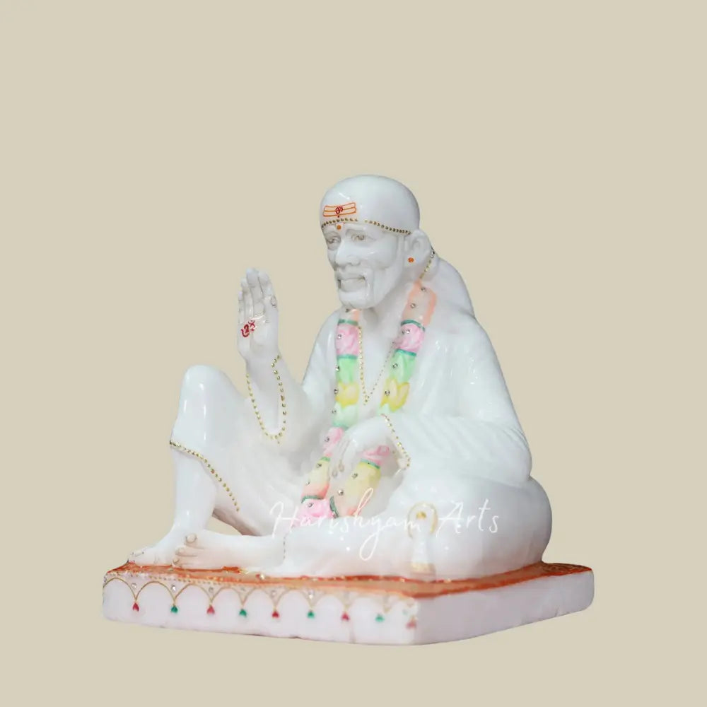 11" White Makrana Marble Sai Baba Statue in Sitting Position