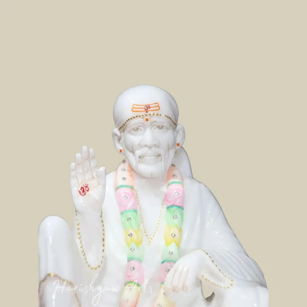 11" White Makrana Marble Sai Baba Statue in Sitting Position
