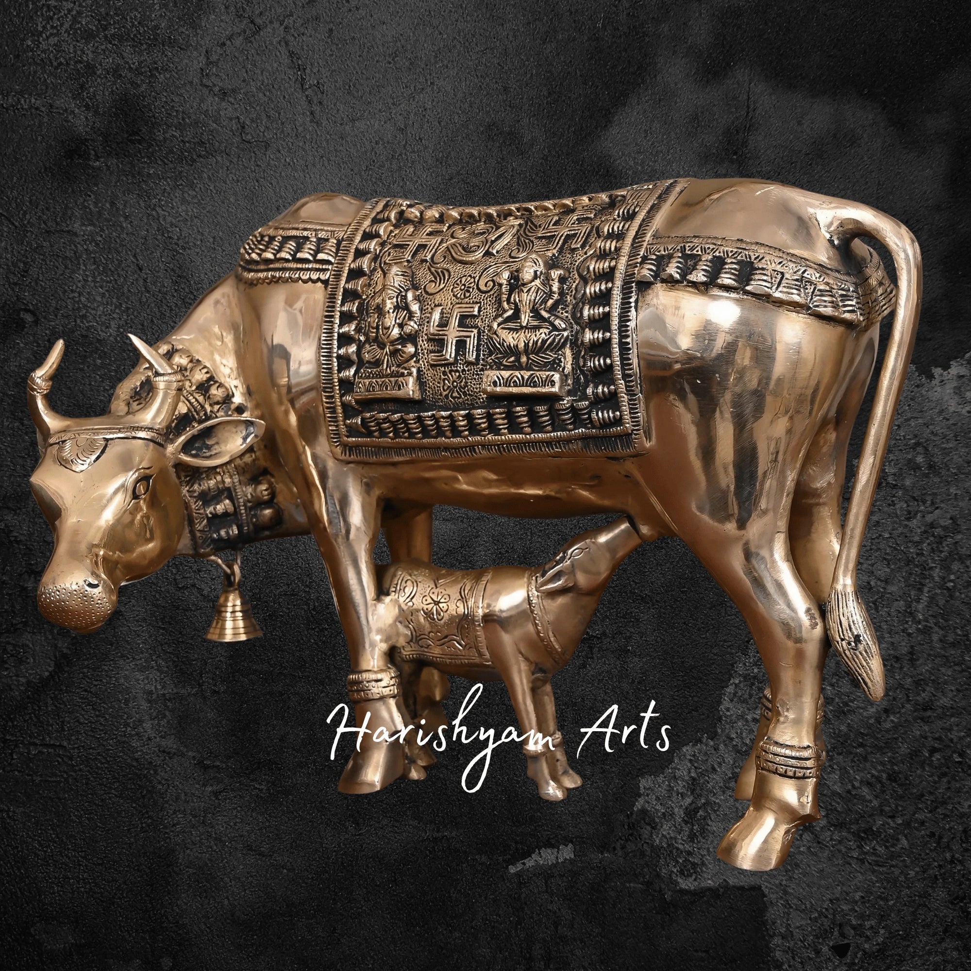 12" Antique Brass Kamdhenu Cow with Calf Sculpture for Temple Use