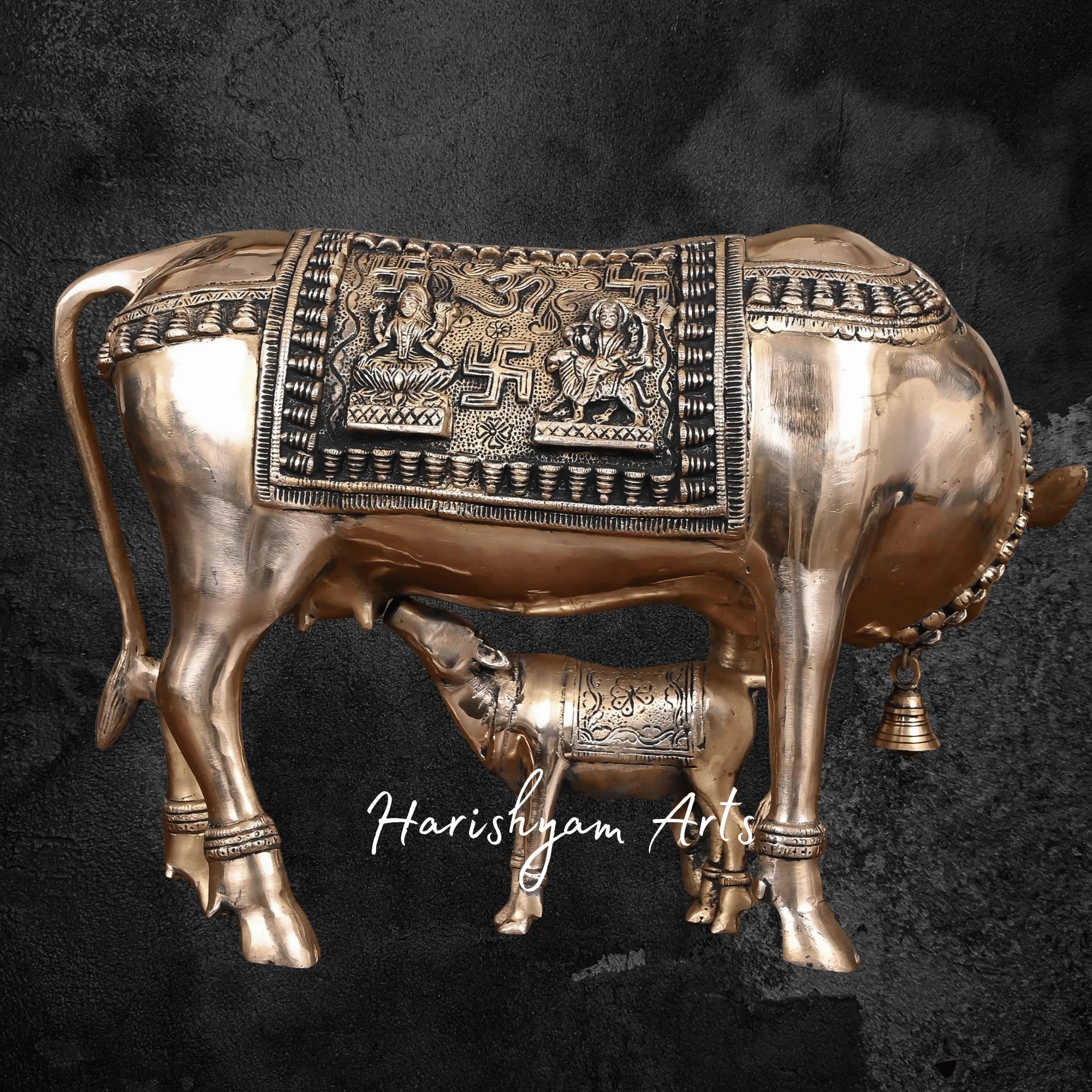 12" Antique Brass Kamdhenu Cow with Calf Sculpture for Temple Use