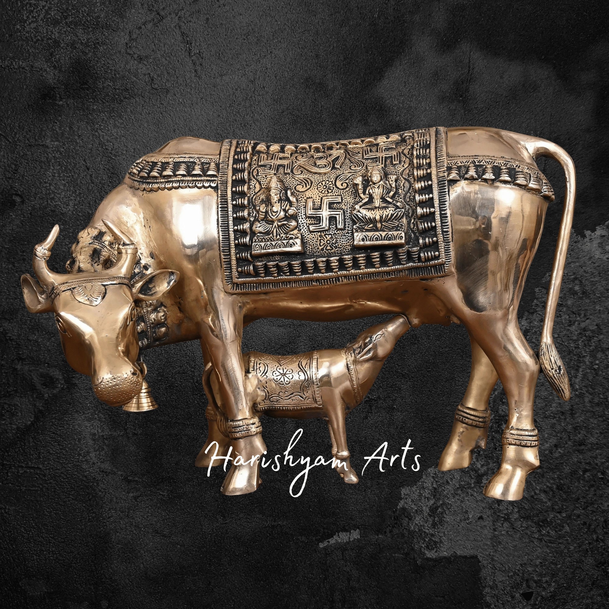 12" Antique Brass Kamdhenu Cow with Calf Sculpture for Temple Use