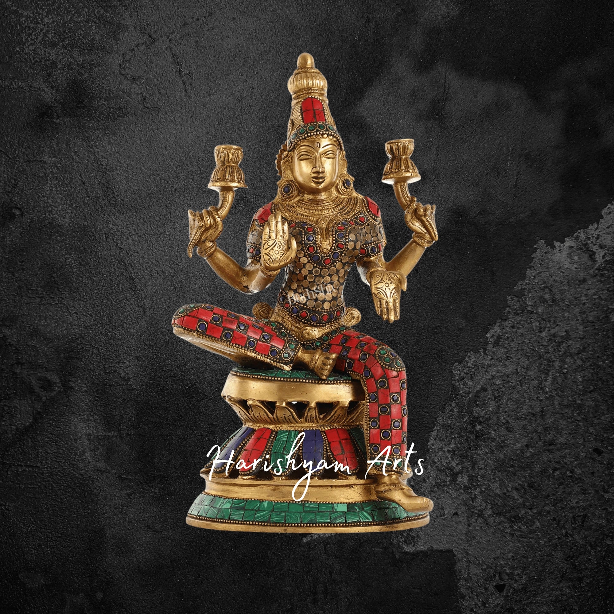 12" Antique Brass Laxmi Statue with Intricate Stonework Embellishments