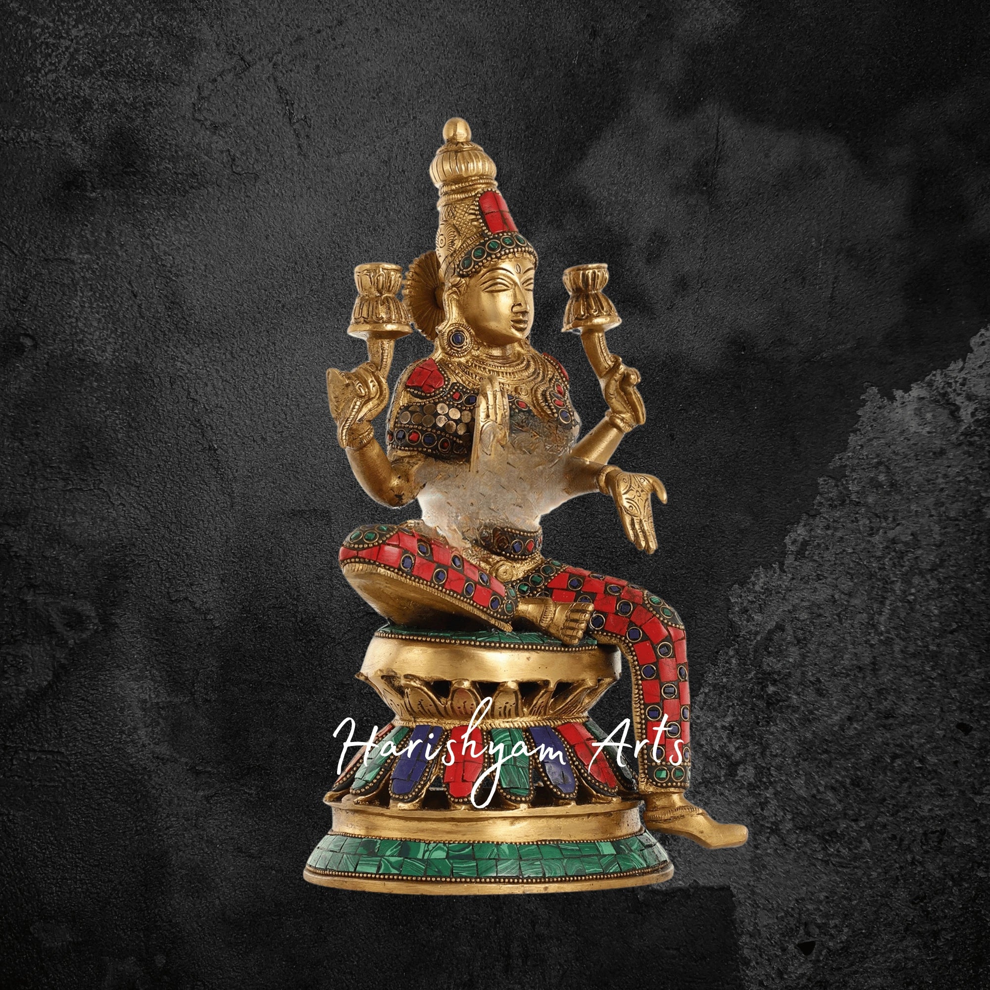 12" Antique Brass Laxmi Statue with Intricate Stonework Embellishments