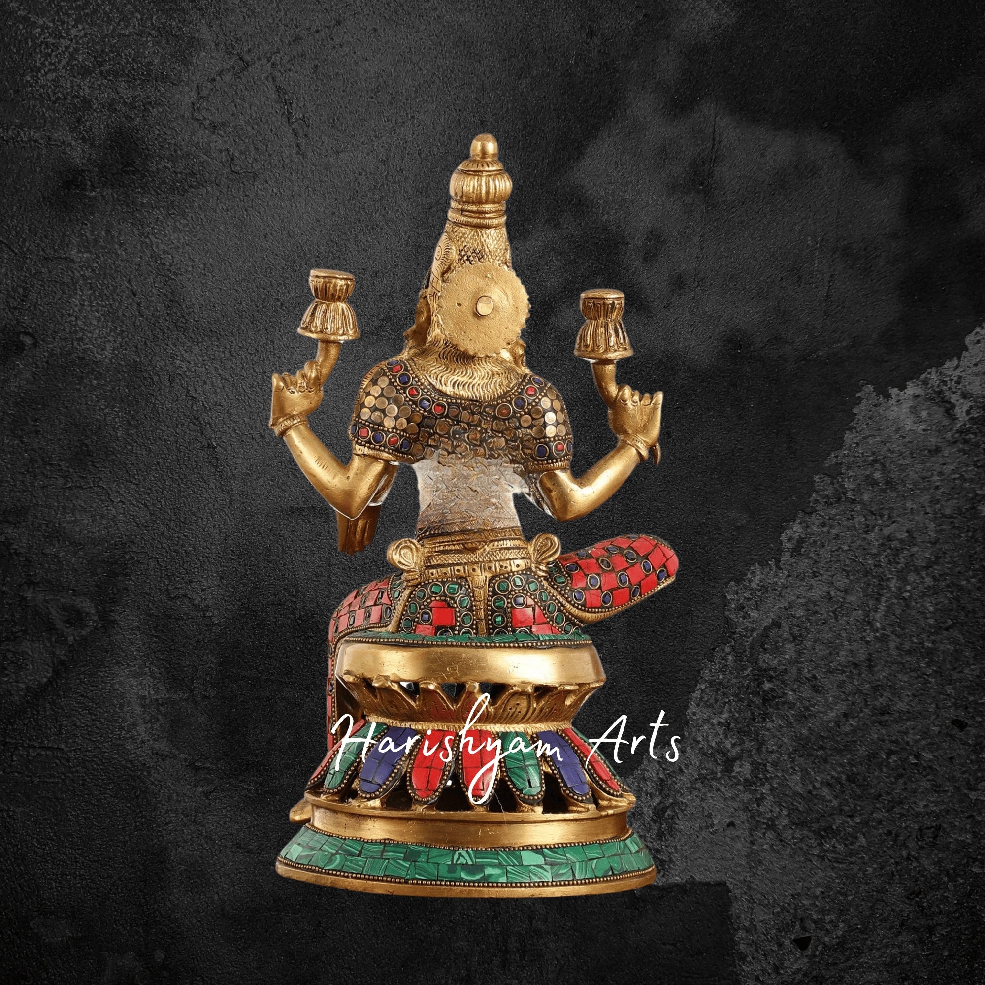12" Antique Brass Laxmi Statue with Intricate Stonework Embellishments