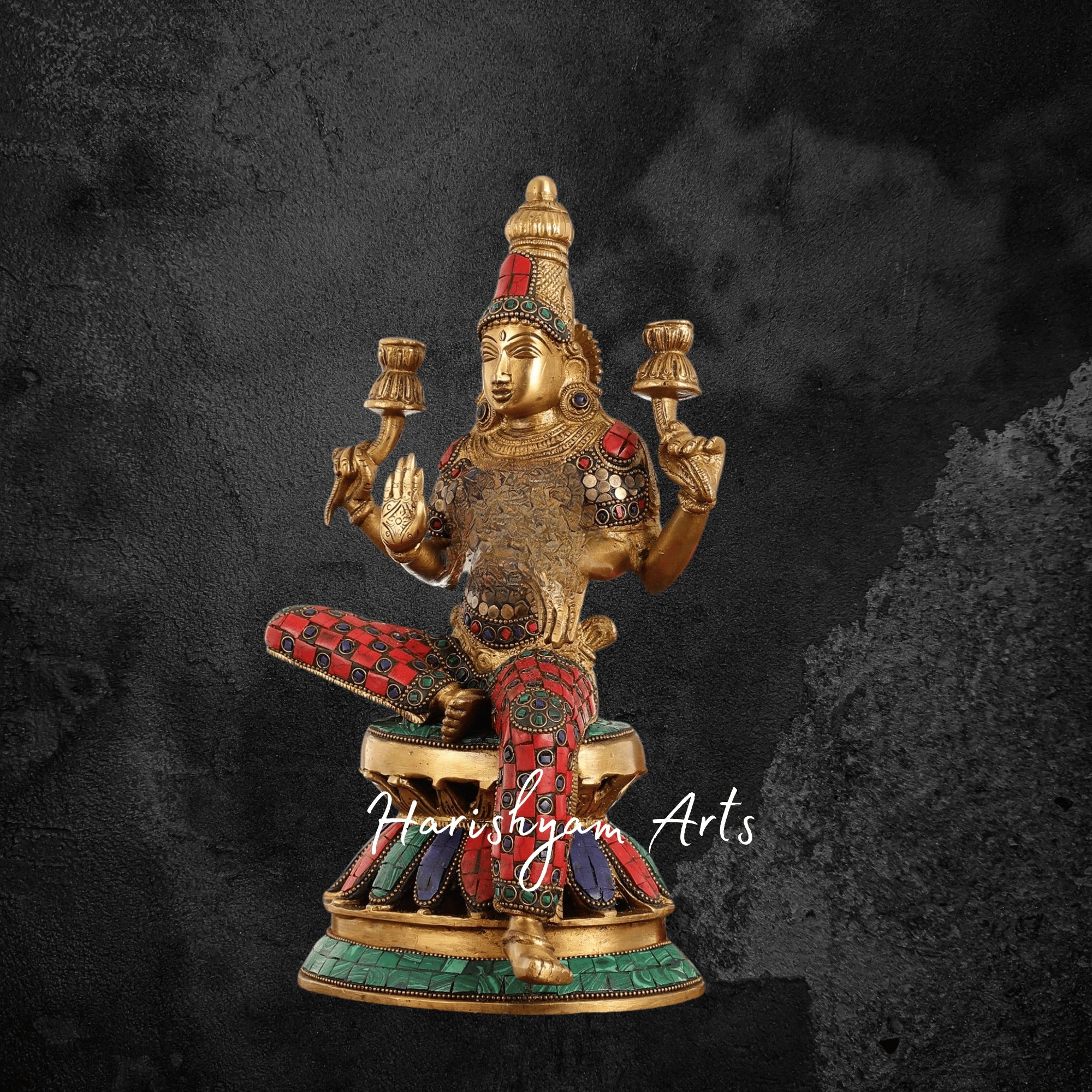 12" Antique Brass Laxmi Statue with Intricate Stonework Embellishments